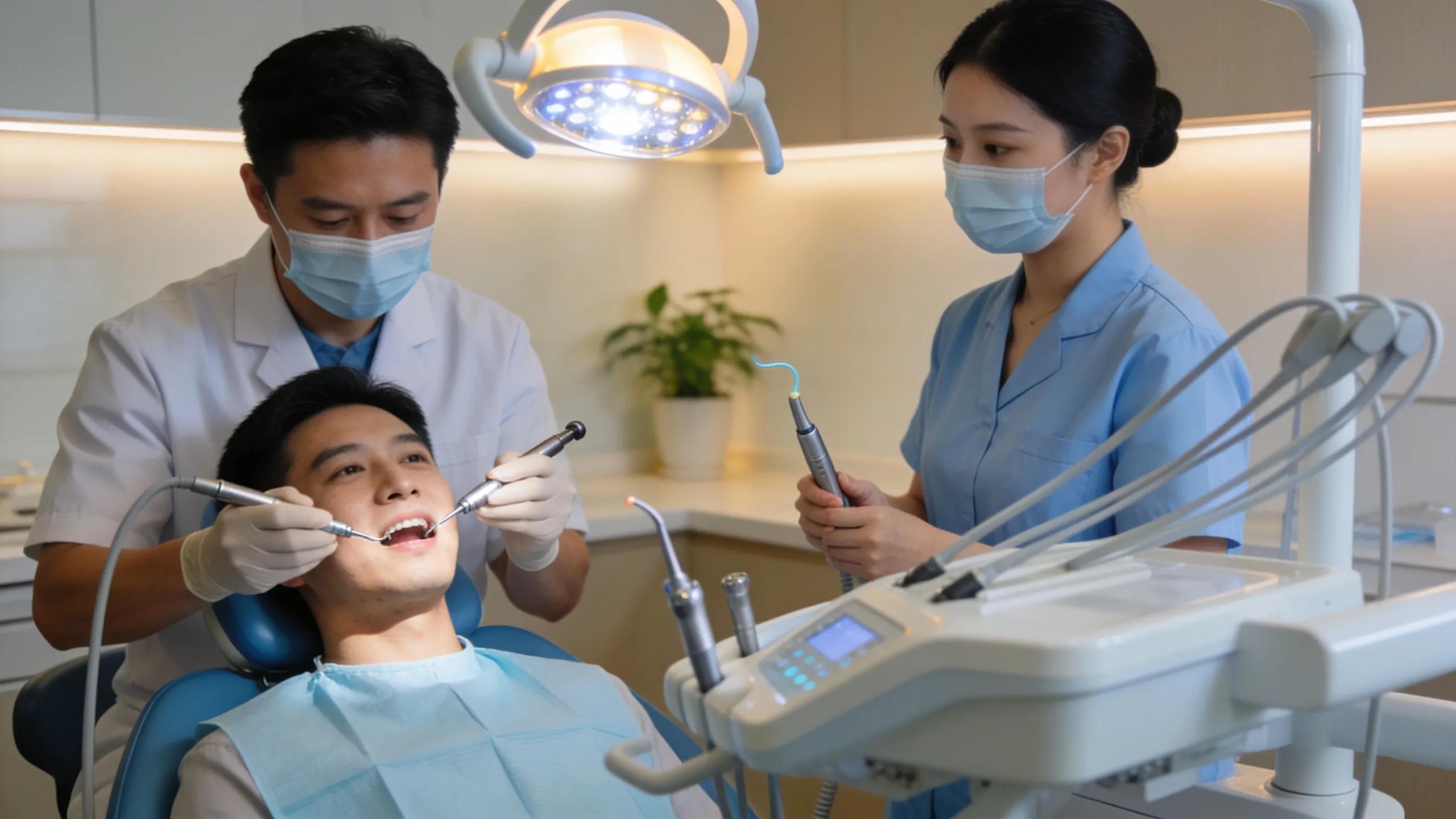 Patient receiving a root canal procedure with attentive dental care team ensuring comfort