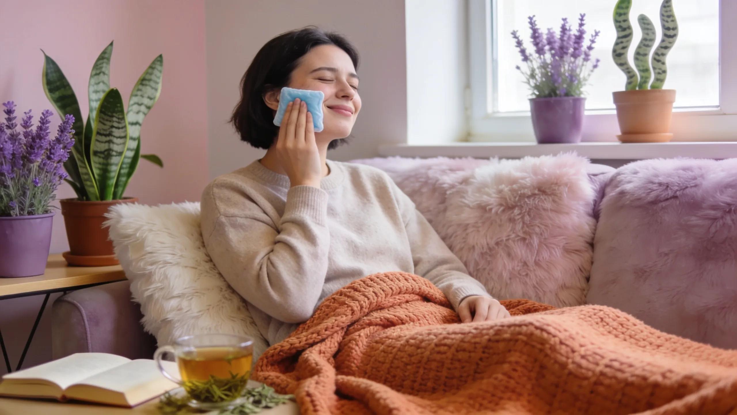 Person using a cold compress for temporary relief from tooth pain in a calming home setting
