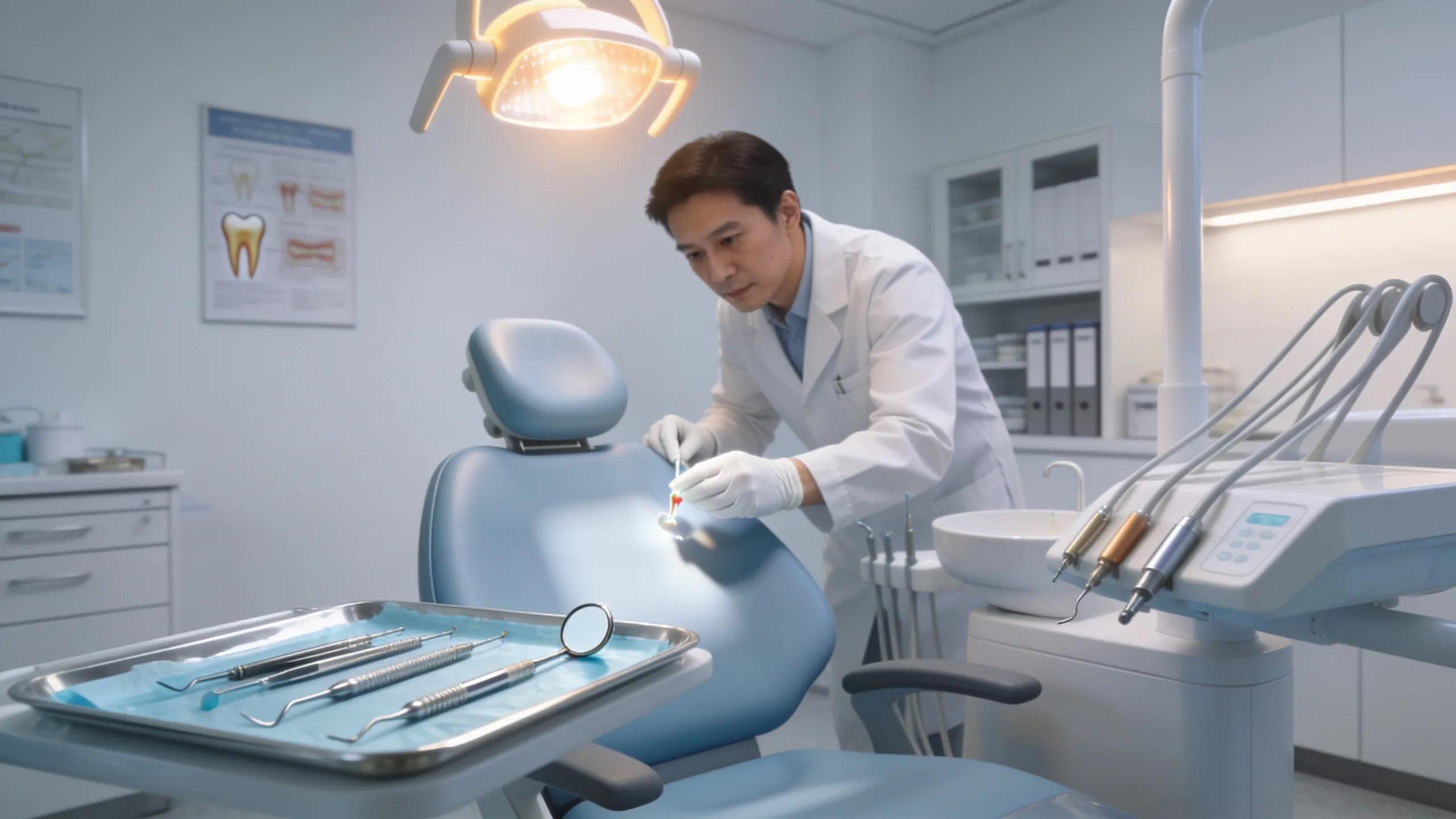 Dentist preparing for a root canal procedure in a calm and professional dental clinic setting