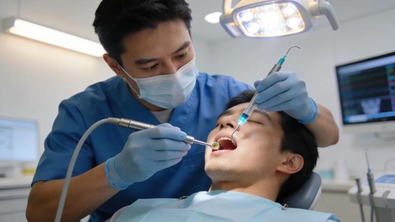 Dentist performing endodontic retreatment, showcasing dental tools and patient care in a modern dental office