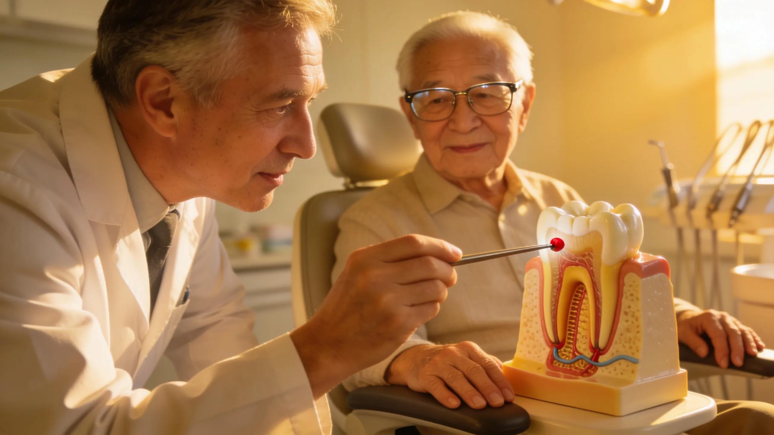 Dentist explaining root canal therapy to elderly patient, focusing on personalized dental care