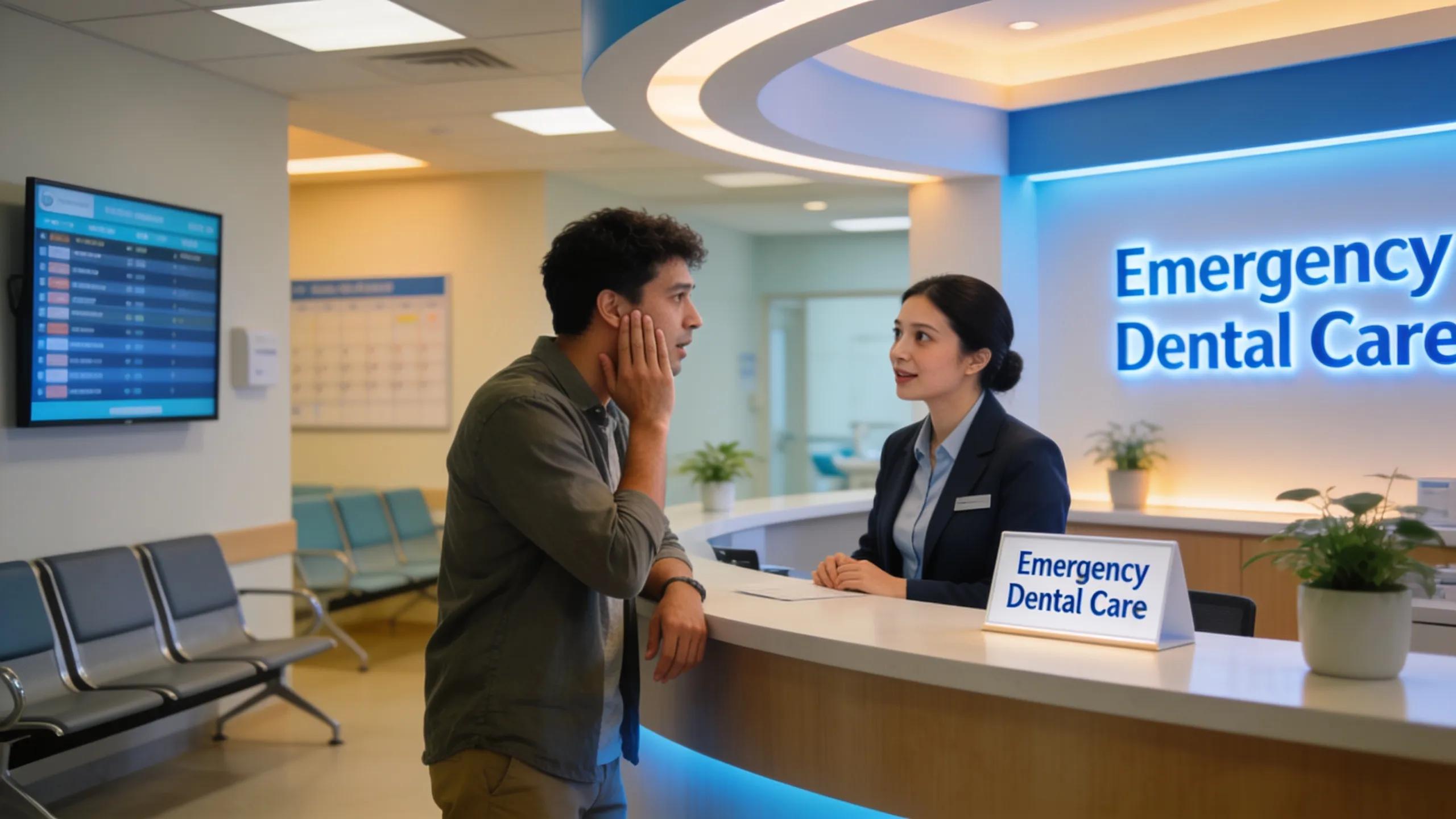 Patient discussing dental emergency at the clinic, illustrating urgent care and professional support