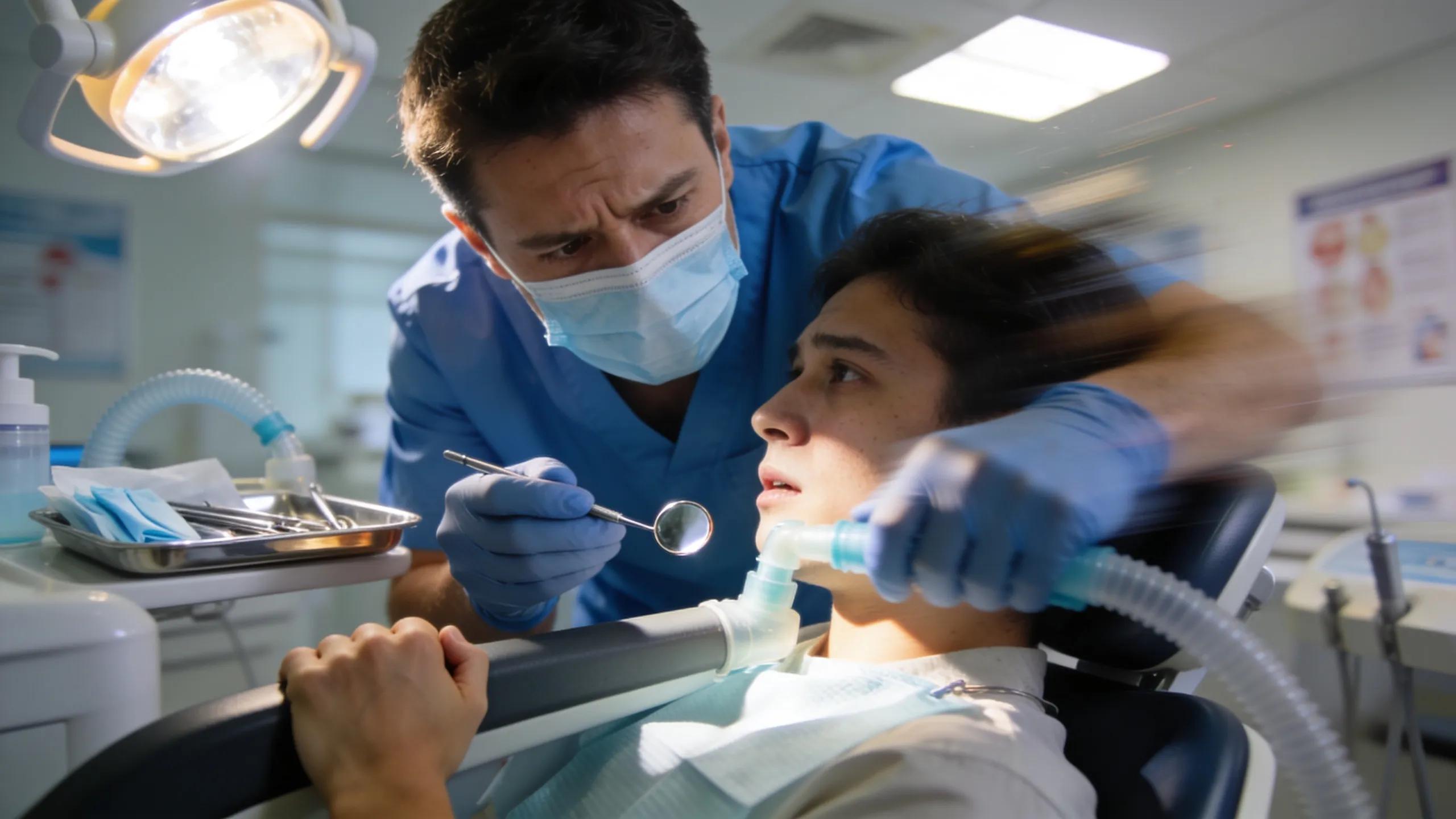 Dentist providing emergency care to a patient in a dental clinic