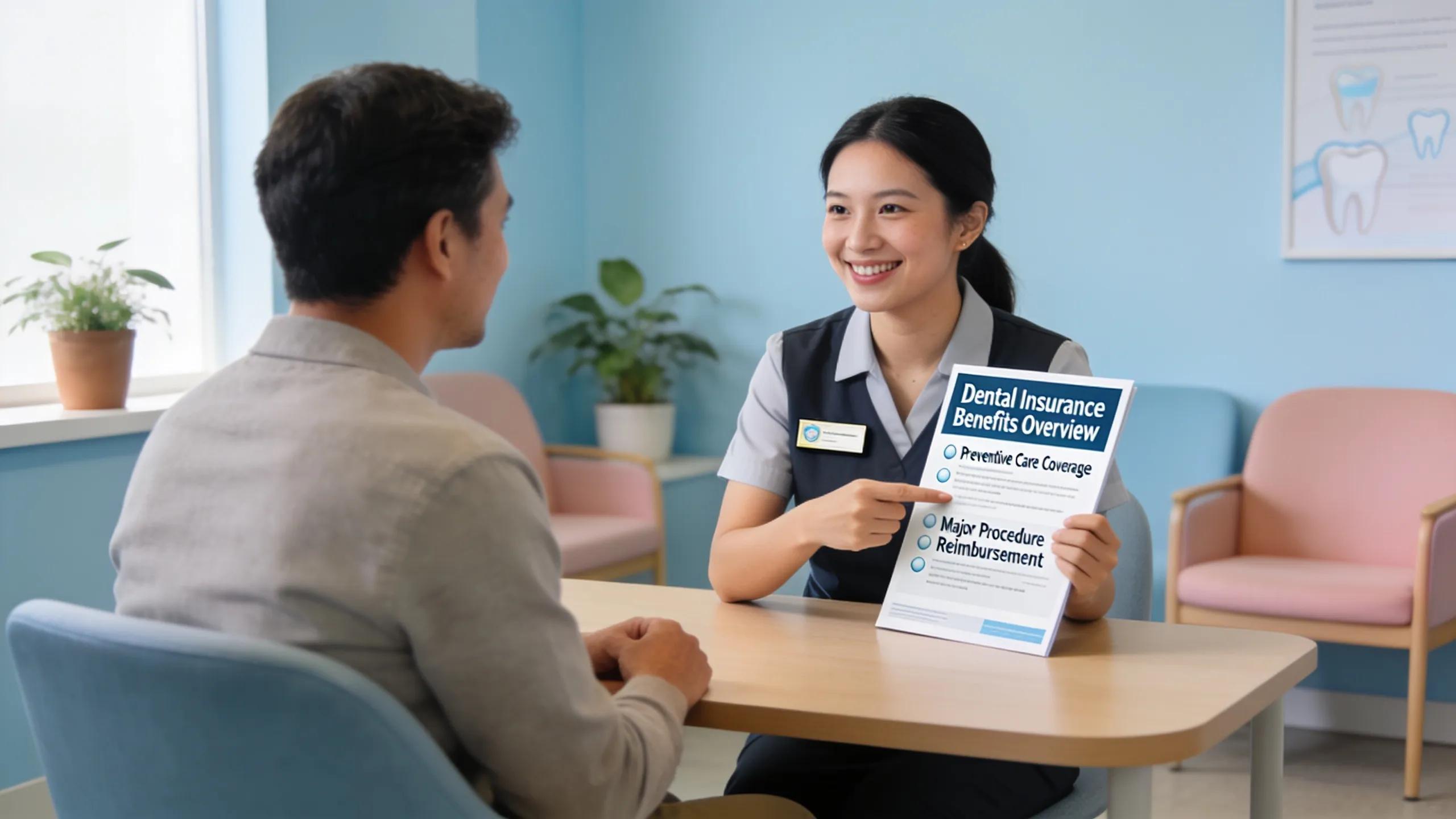 Patient discussing dental insurance benefits with receptionist at a dental clinic, showcasing supportive care