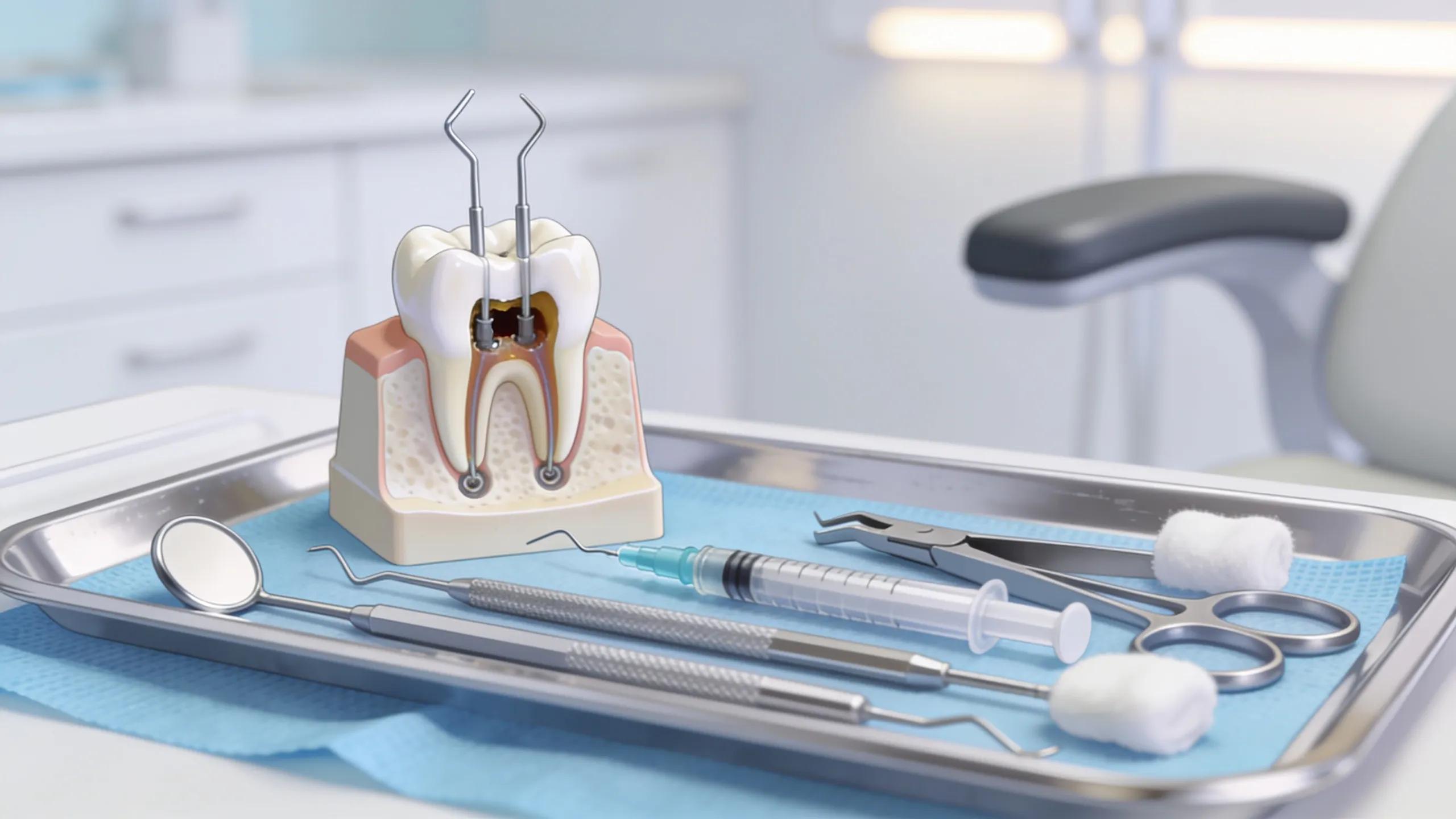 Close-up of dental tools and a model tooth, highlighting the root canal therapy process in a professional dental office