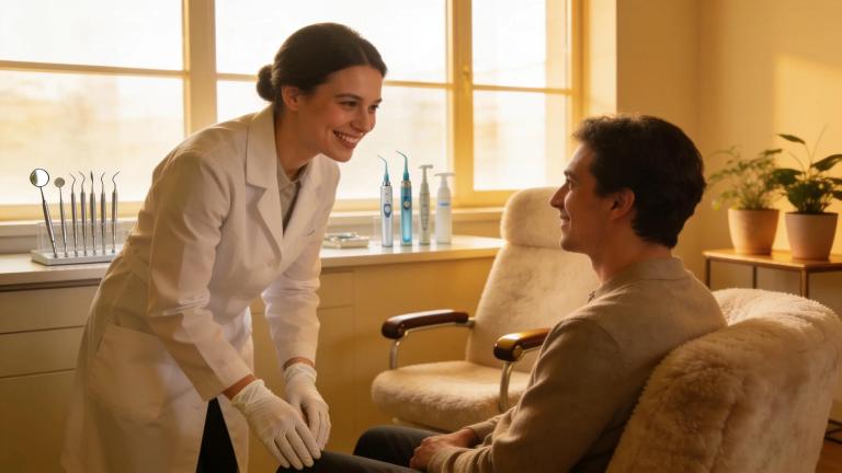 Dental office with a friendly staff member assisting a patient