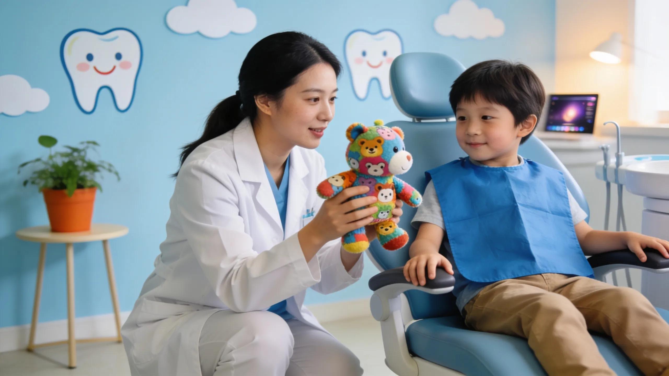 Pediatric dentist using toys to reduce dental anxiety in a child, showcasing effective behavior management techniques