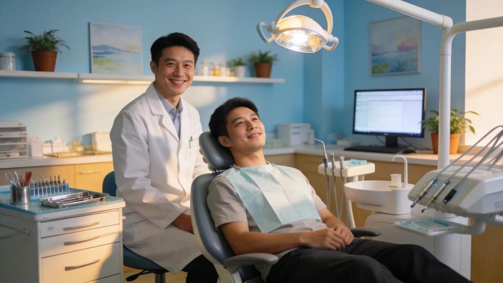 Dental clinic interior showcasing a dentist providing care to a patient, highlighting dental services and comfort.