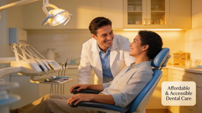 Smiling dentist attending to a relaxed patient in a bright dental office, promoting affordable dental care