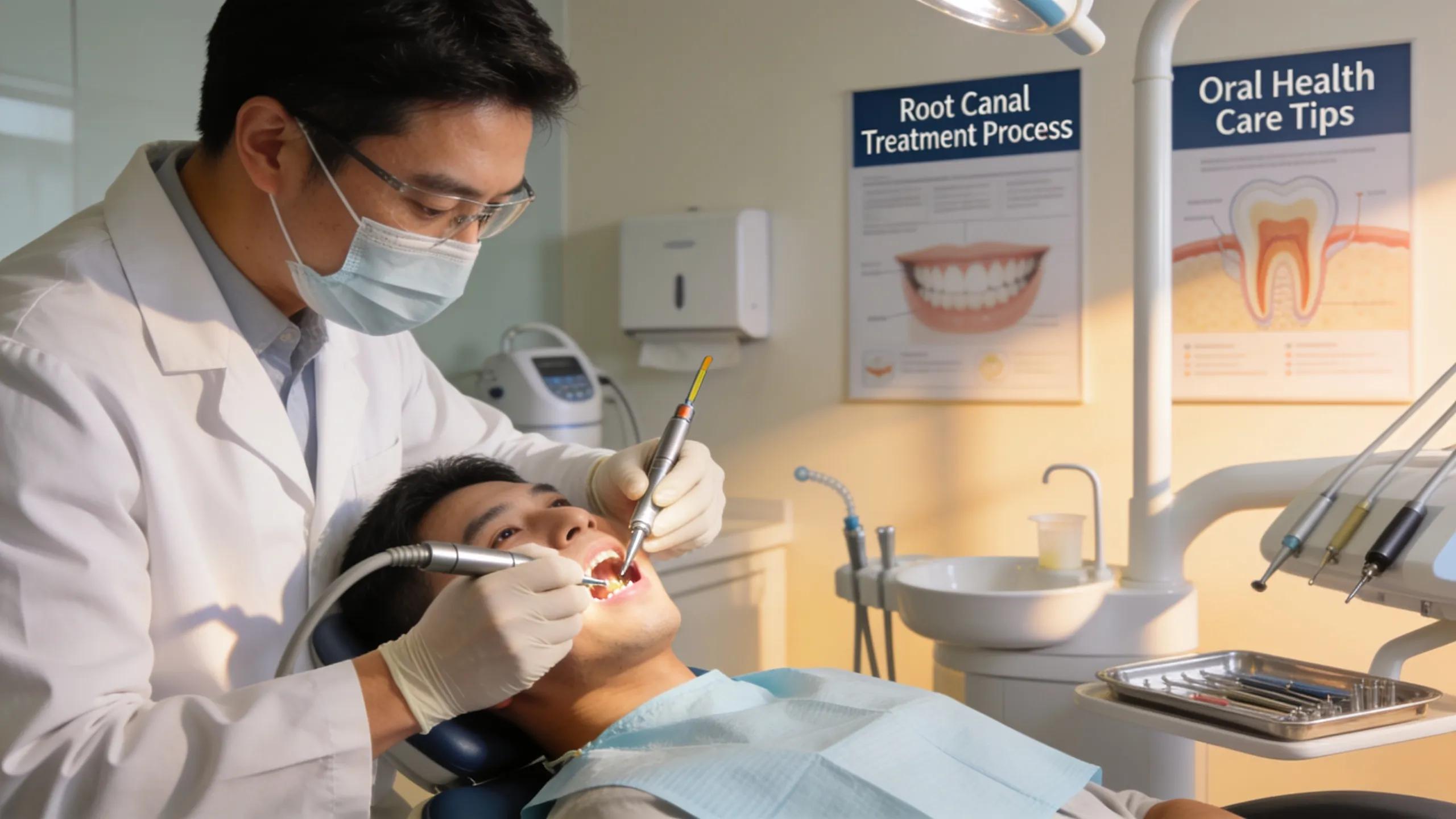 Dentist performing root canal treatment in a modern dental office with focused patient care
