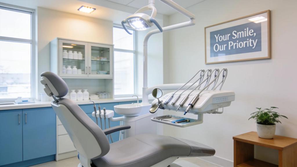 Welcoming dental office interior with a dental chair and equipment