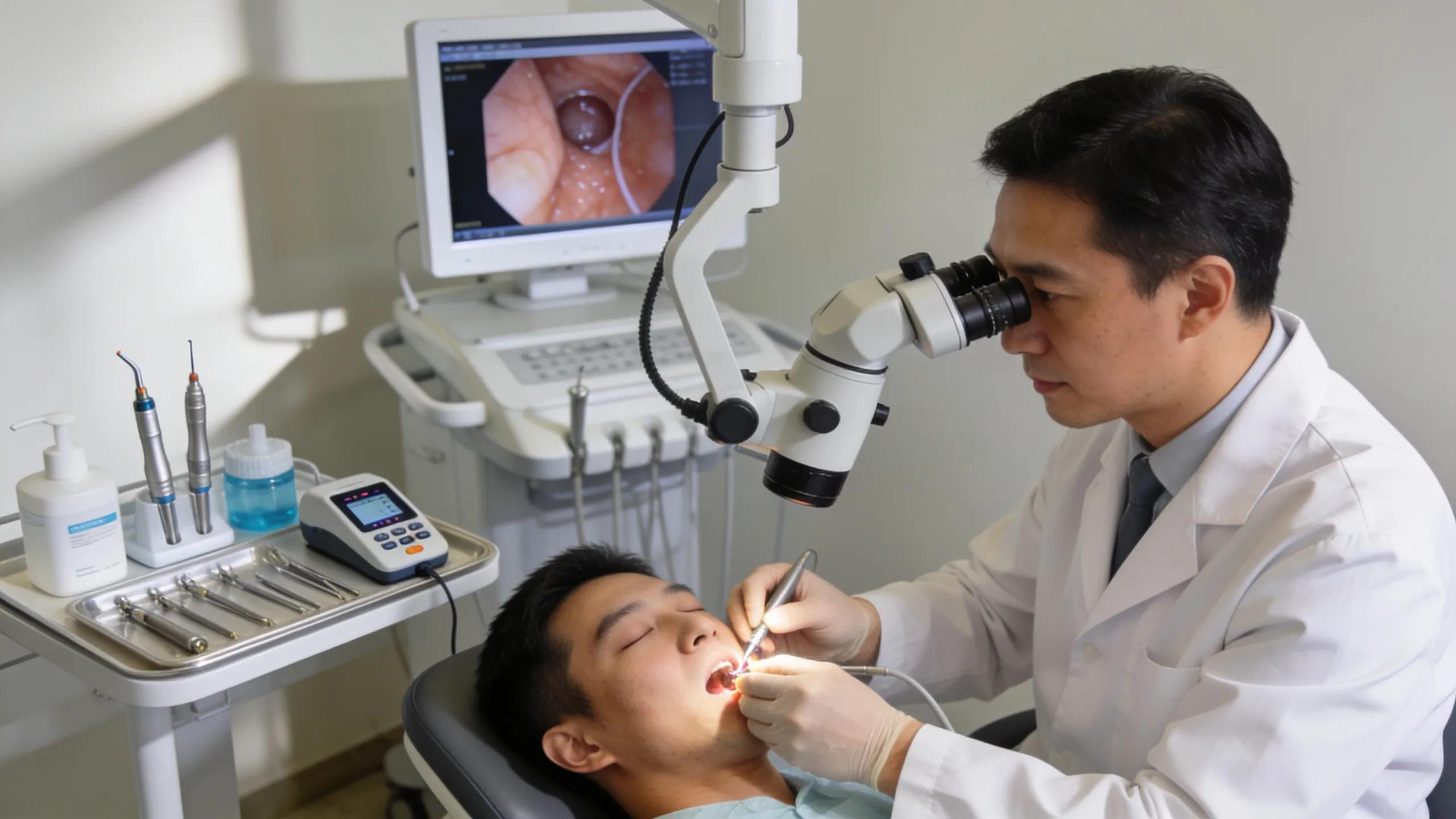 Dentist performing a root canal procedure on a patient with modern dental tools