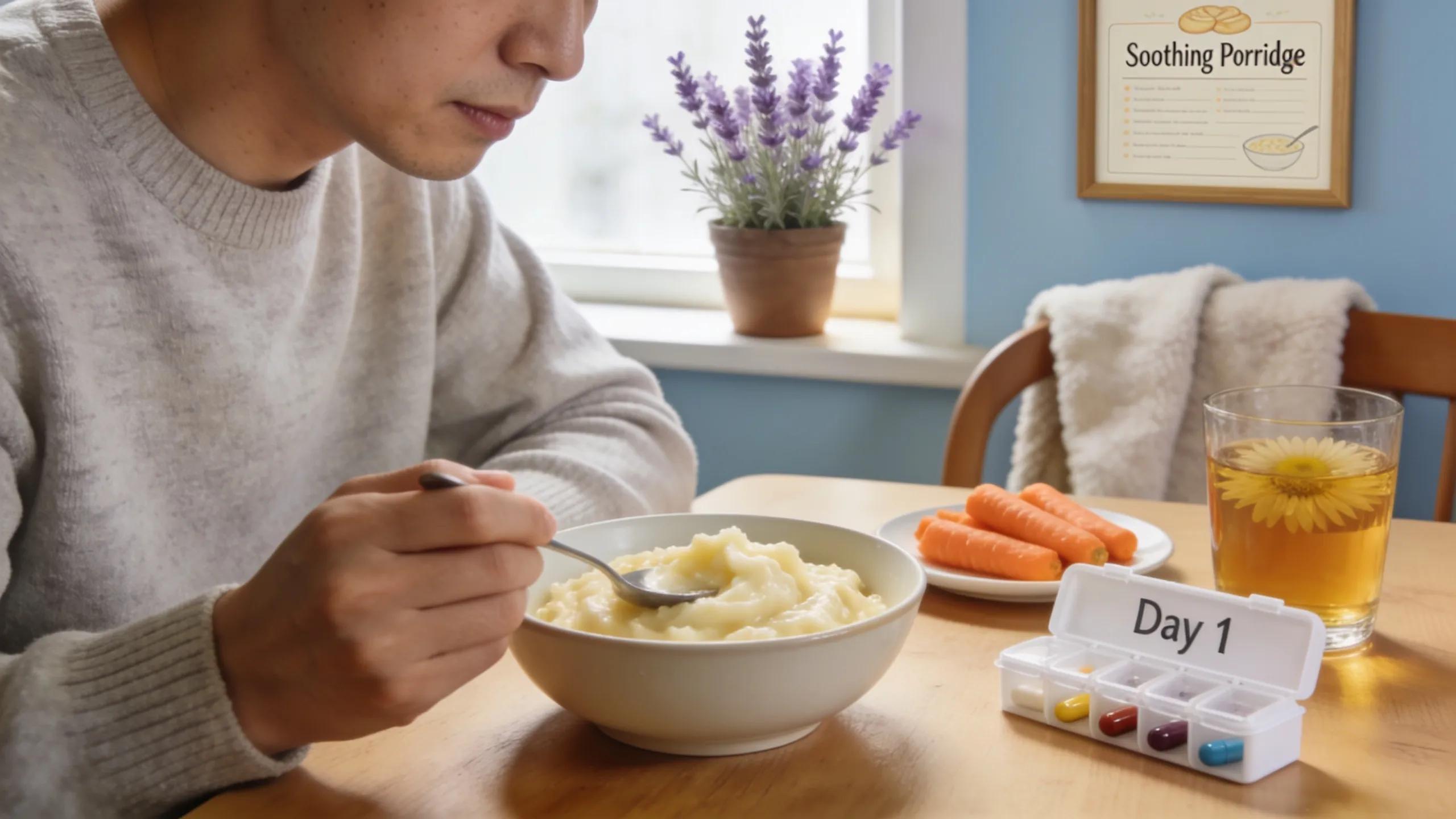 Patient enjoying a soft food meal in a cozy kitchen, highlighting post-root canal recovery and care