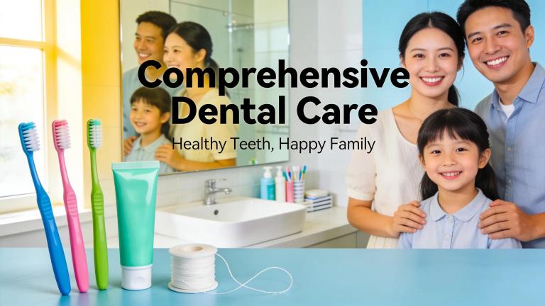 Family smiling with bright smiles, surrounded by dental care products emphasizing oral hygiene