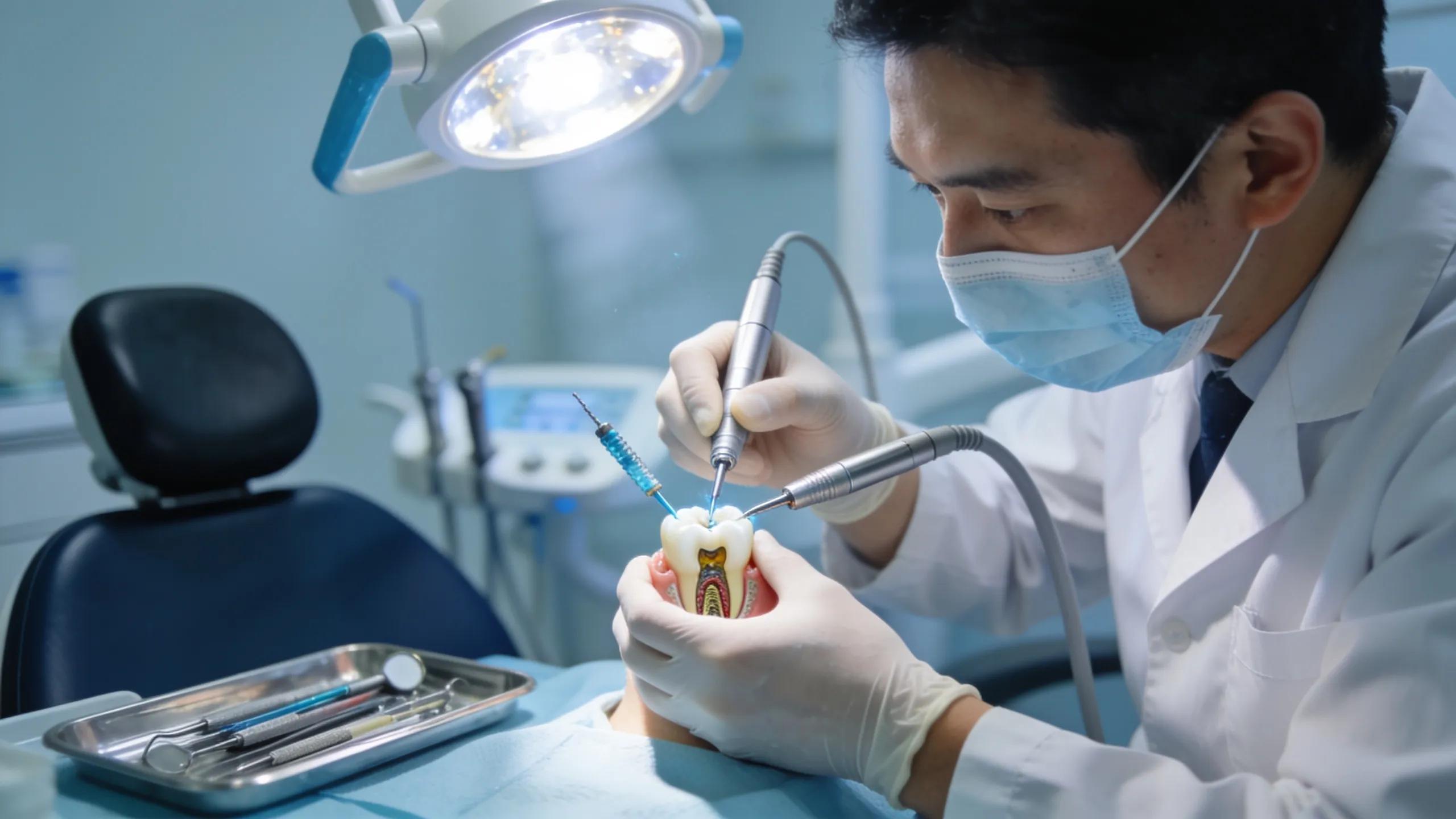 Endodontist conducting canal cleaning during root canal retreatment process