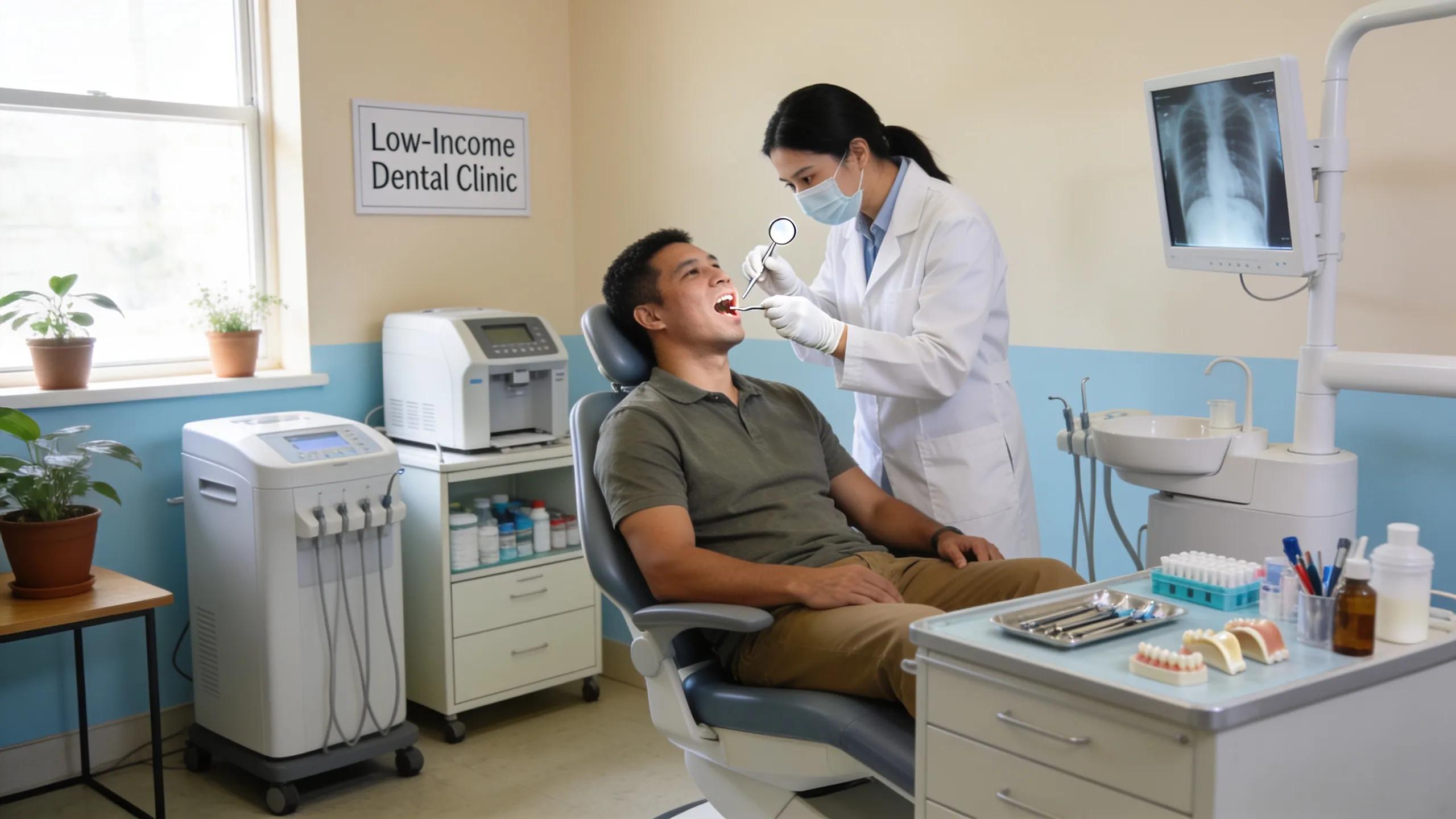 Dentist providing preventive care to a low-income patient in a well-equipped dental clinic