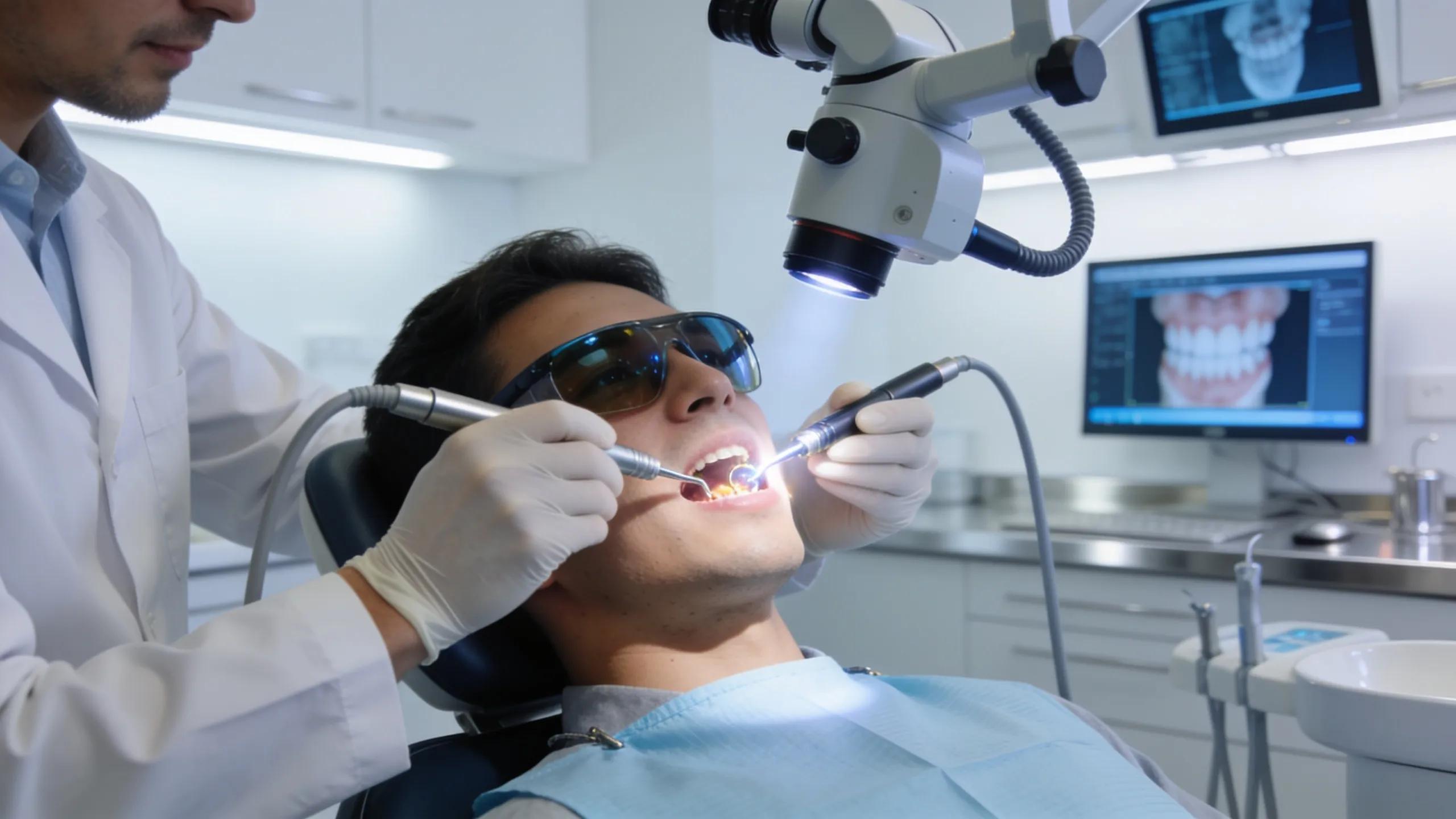 Dentist performing root canal treatment on a patient showcasing advanced equipment in a modern dental clinic