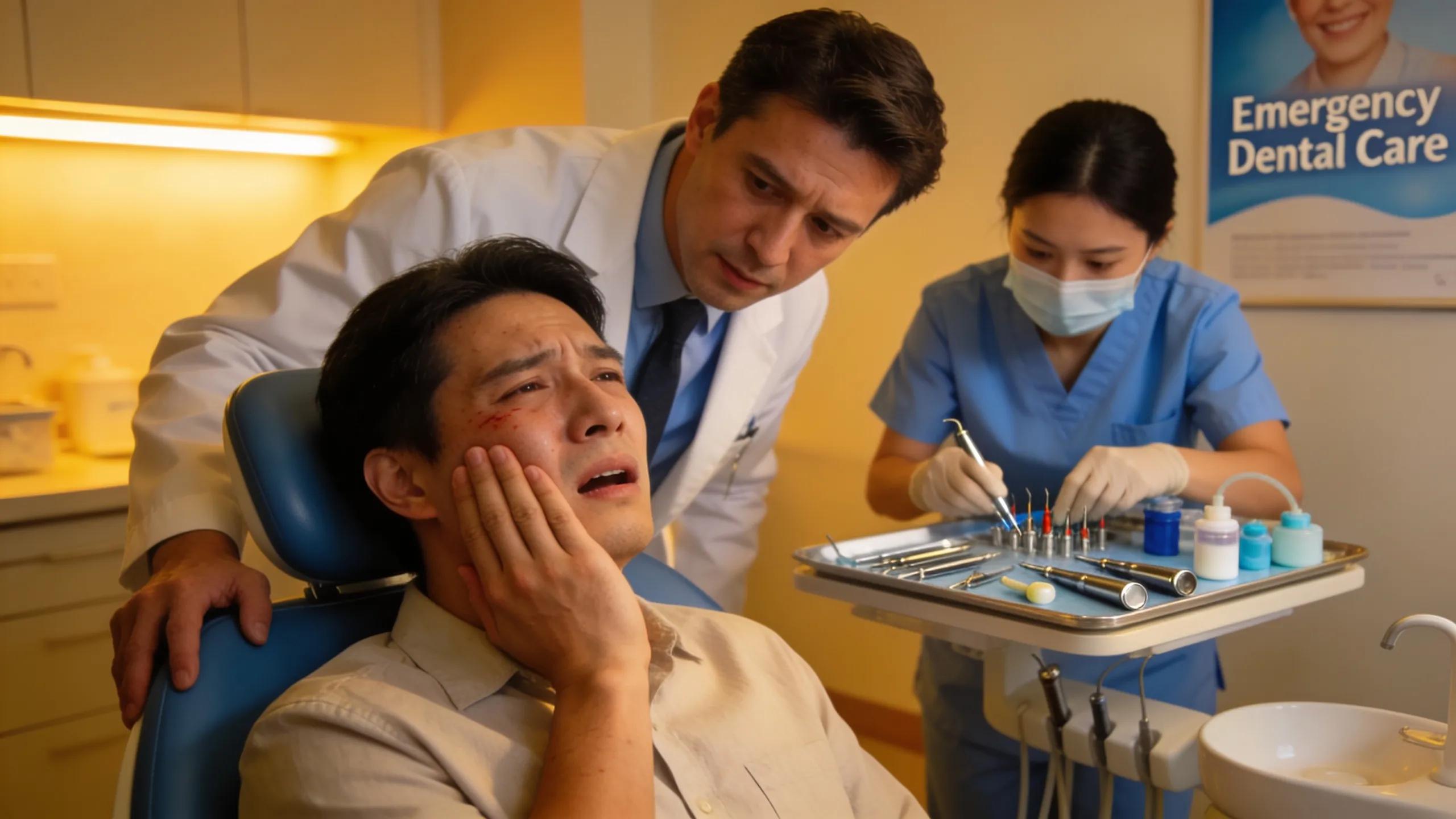 Emergency dental care scene focusing on a patient in need of root canal treatment