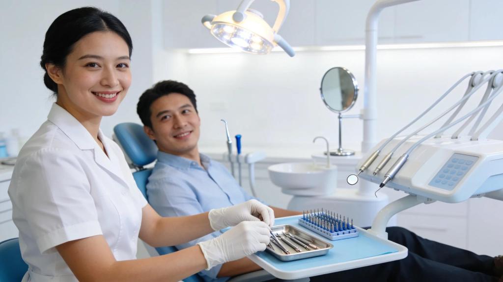 Dental assistant in a clinical environment addressing a patient, showcasing the supportive role in dental care