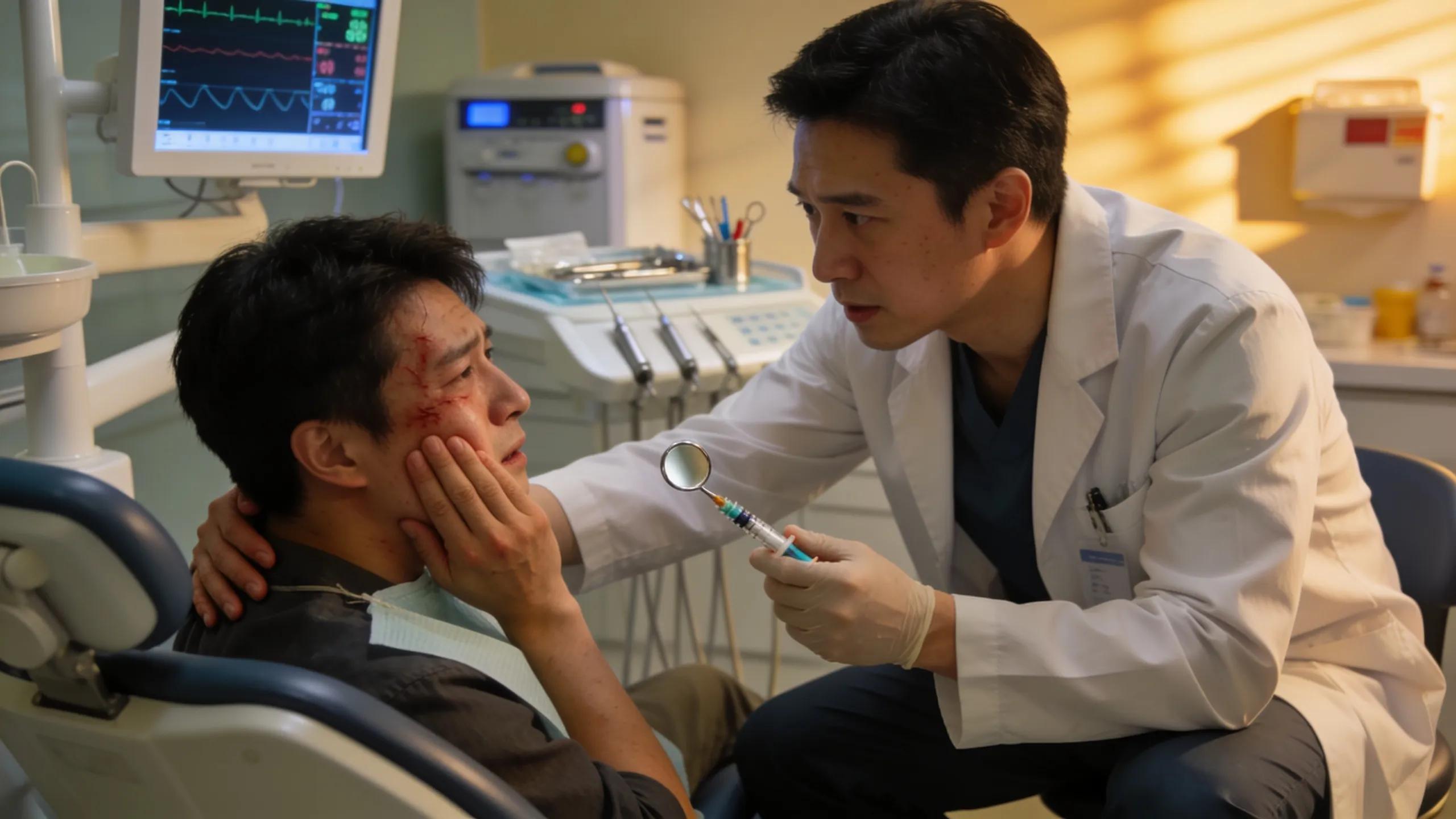 Dental professional providing emergency care to a distressed patient, highlighting prompt dental services