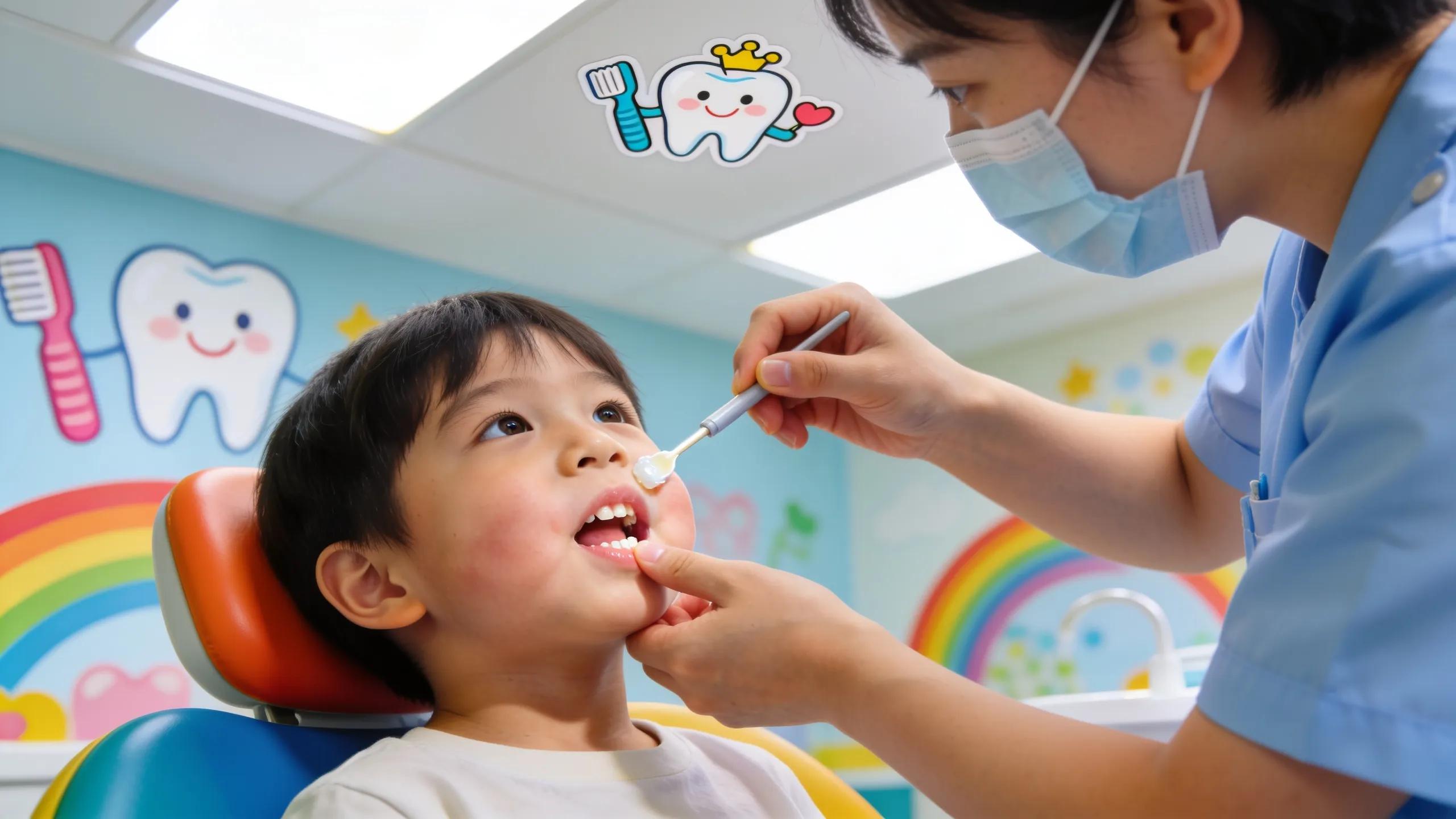 Pediatric dentist applying preventive dental sealant on a child's tooth