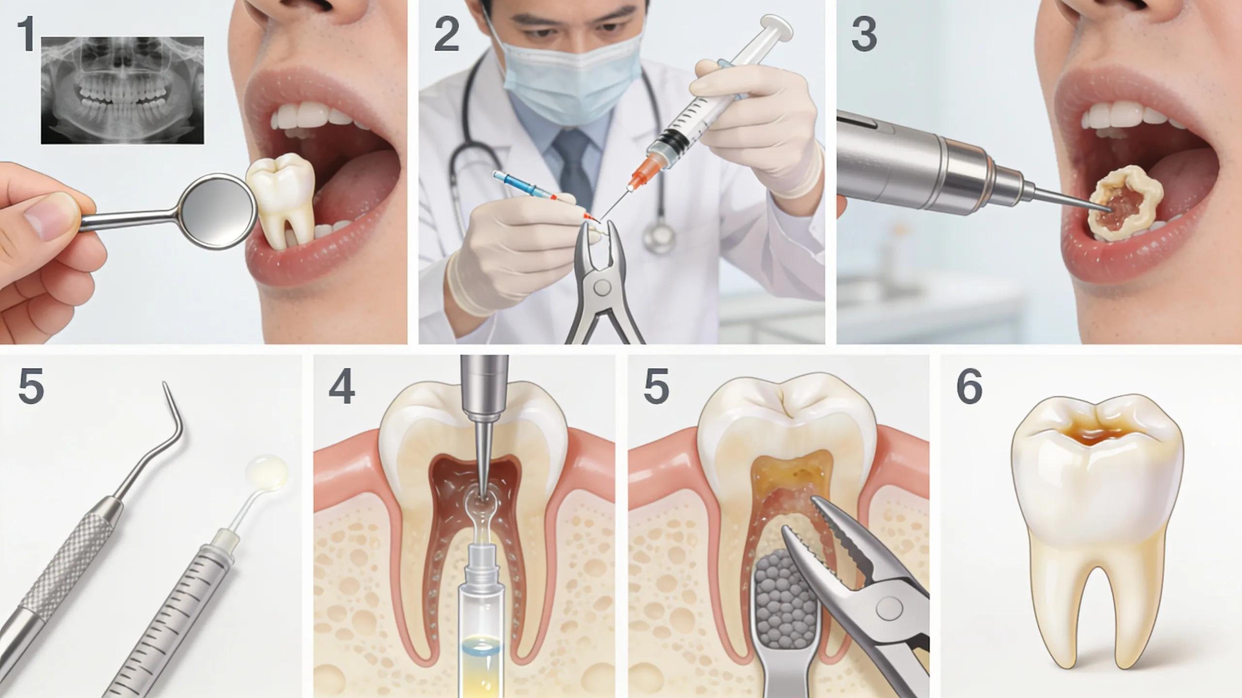 Illustration of key procedural steps in root canal treatment demonstrating the process from diagnosis to restoration