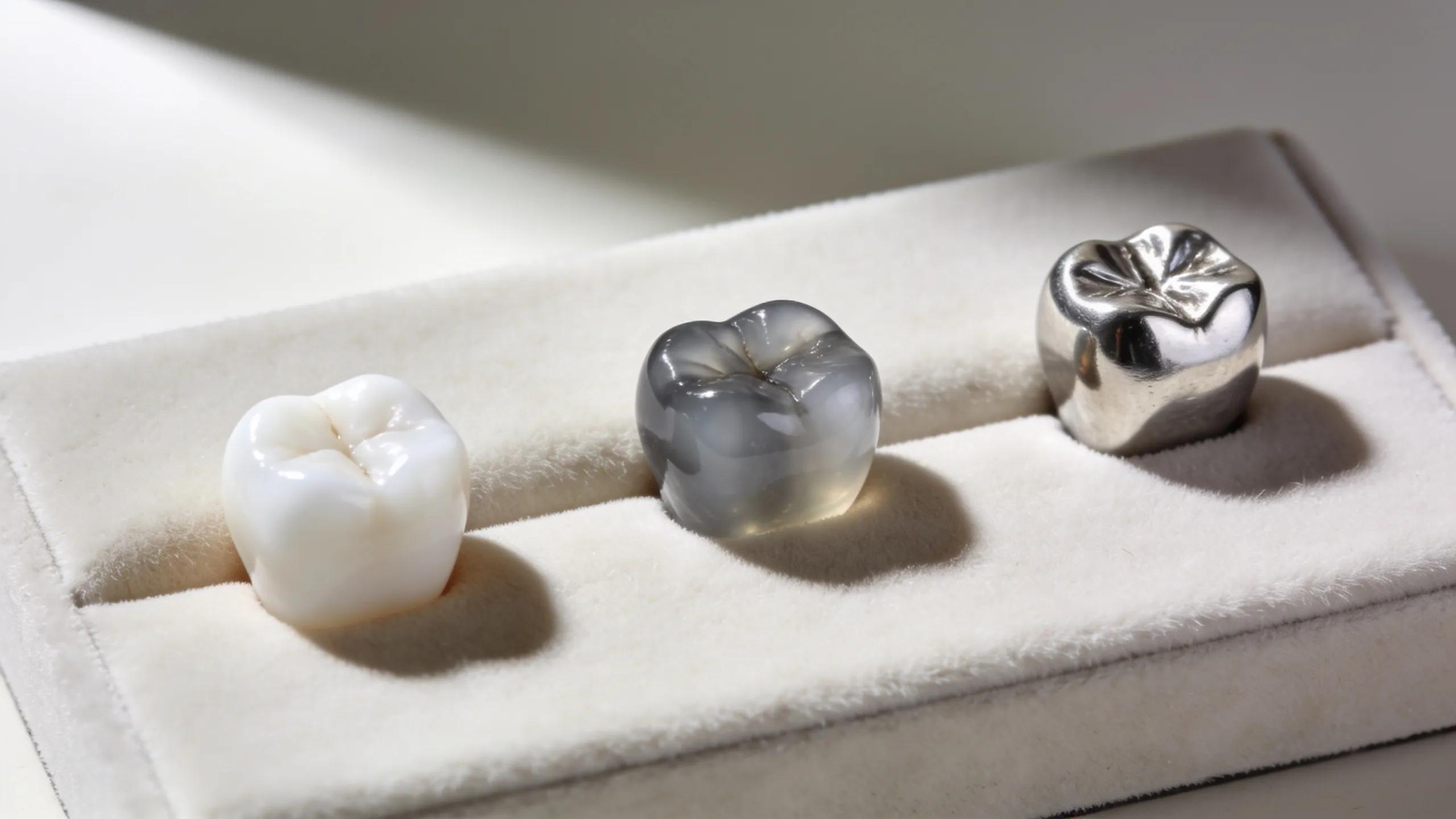 Different types of dental crowns including porcelain, zirconia, and metal on display