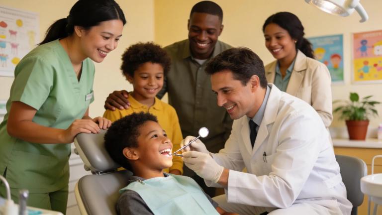 Group of low-income patients receiving compassionate dental care in a friendly clinic setting