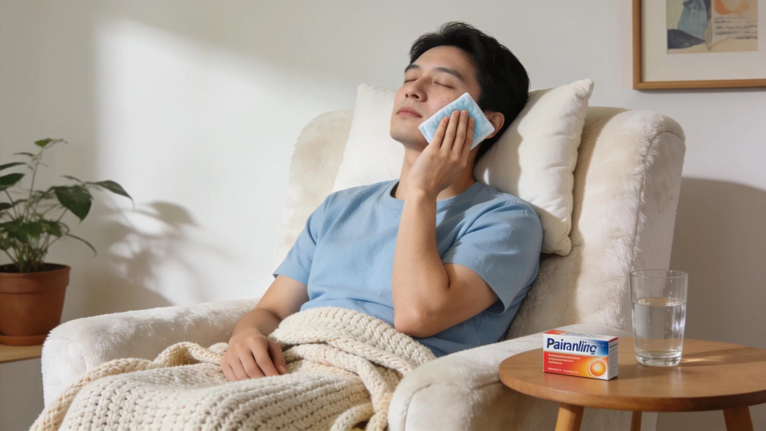 Person using a cold compress for dental pain relief in a comfortable setting