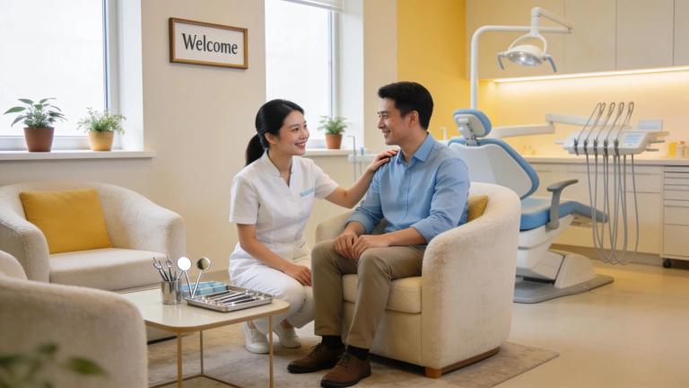 Modern endodontist office interior with a welcoming atmosphere and dental staff
