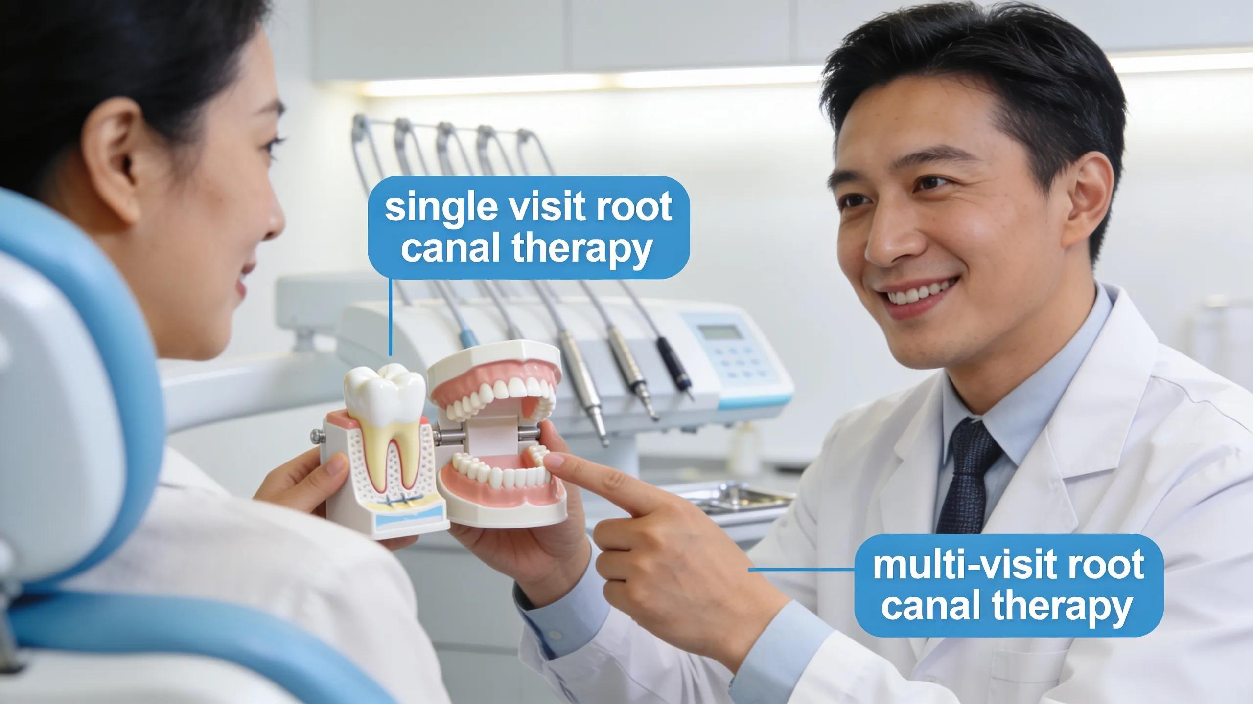 Dentist explaining different root canal treatment options to a patient using dental models.
