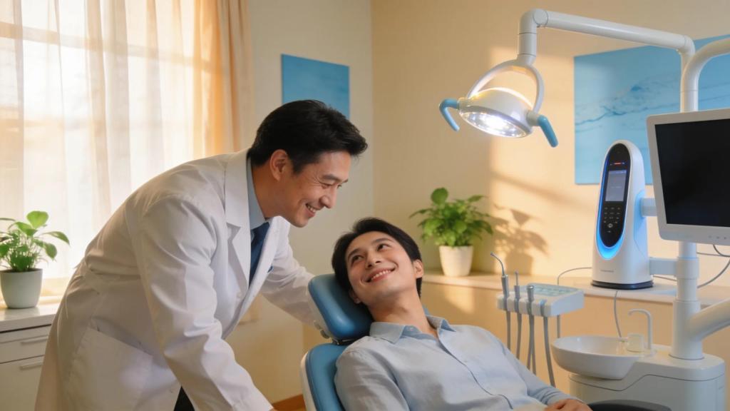 Compassionate dentist engaging with patient in a comforting dental clinic setting