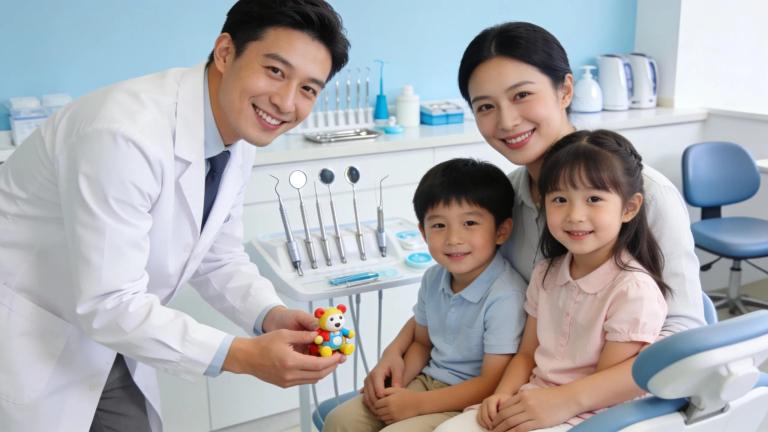 Family-friendly dental clinic with a dentist interacting with children, showcasing comprehensive dental care services