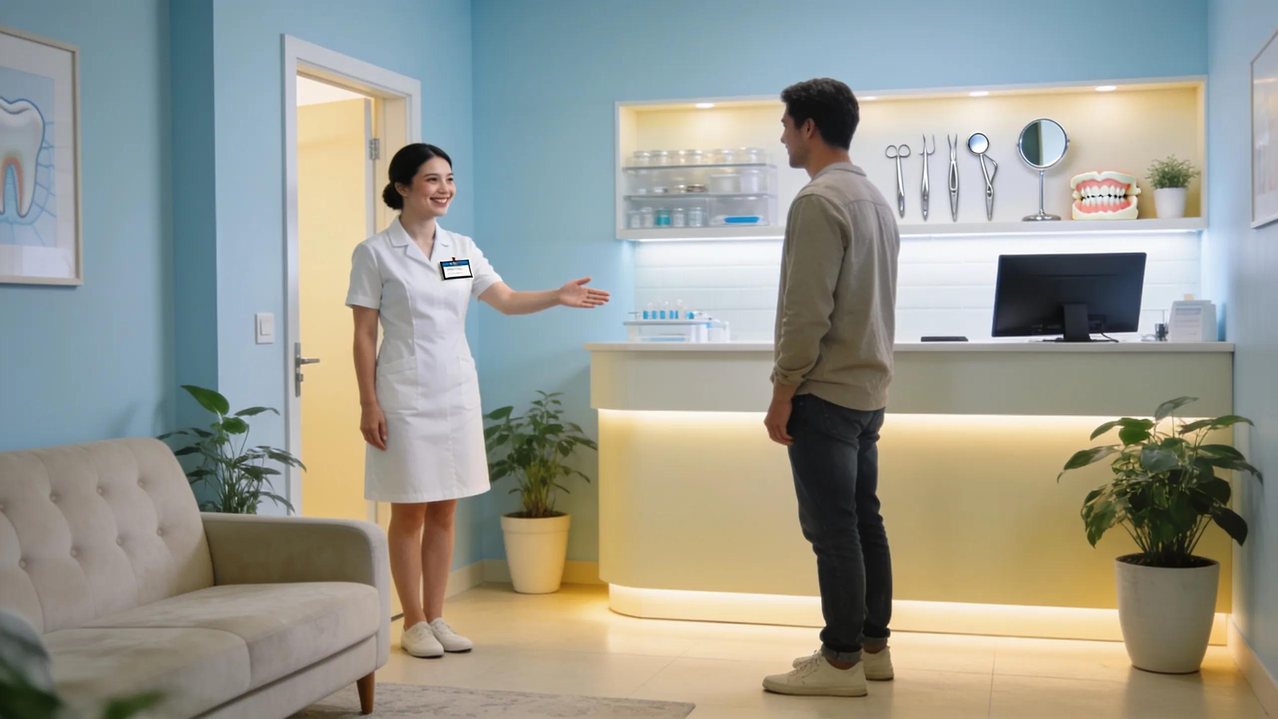 Welcoming dentist office reception area with dental tools emphasizing patient care