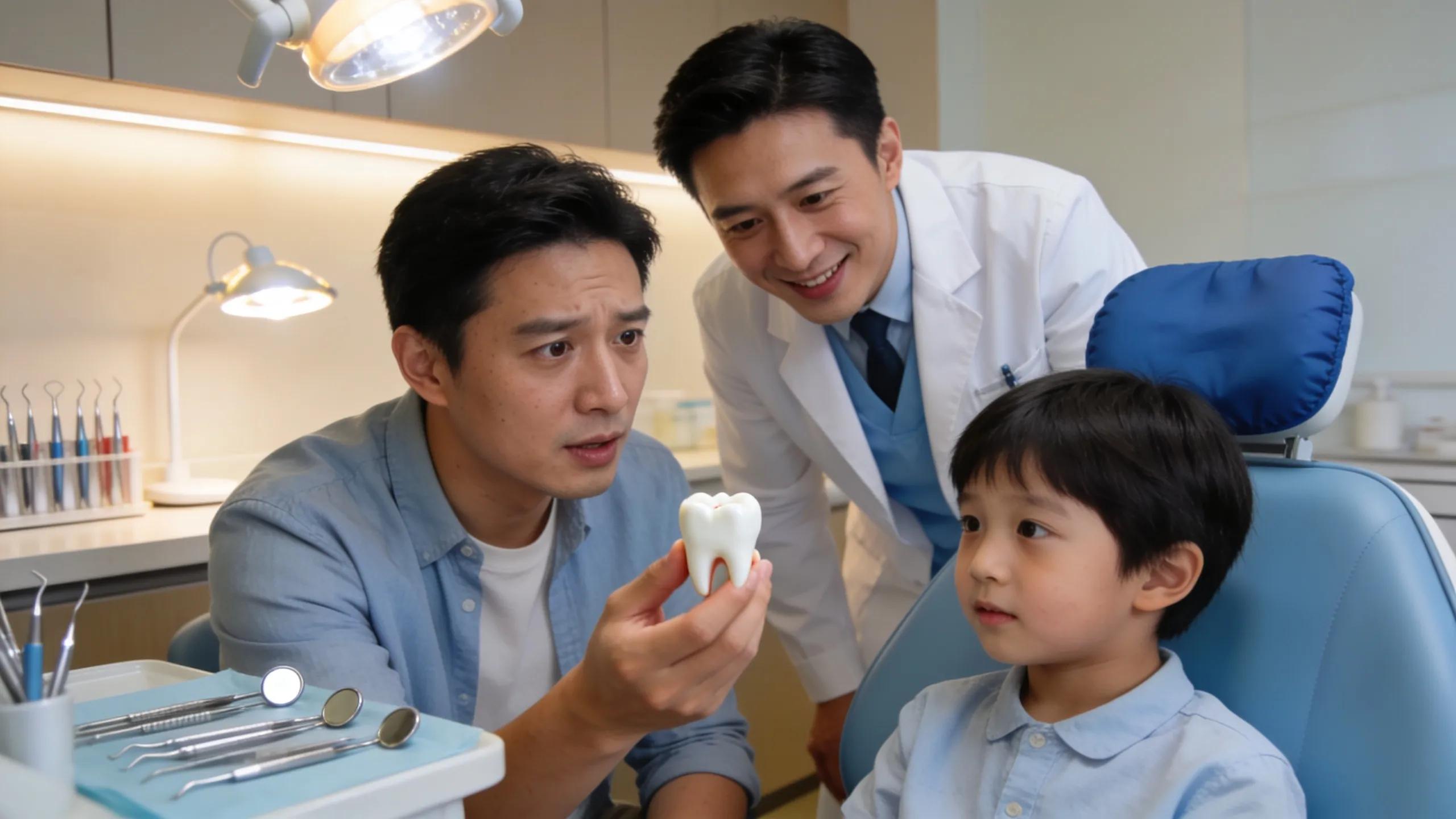 Parent discussing pediatric dental emergency care with a dentist