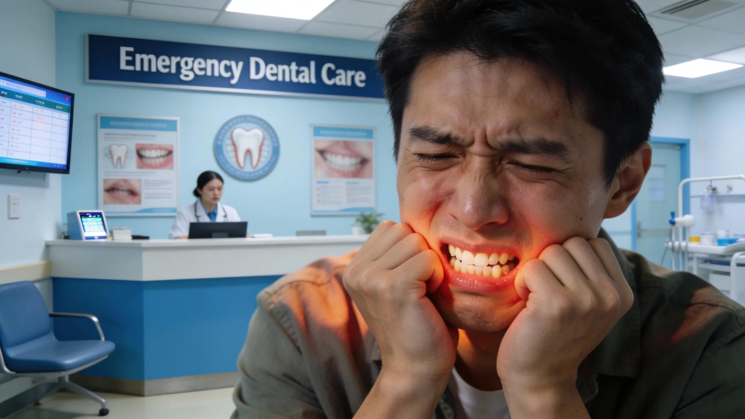 Patient expressing discomfort in an emergency dental clinic, emphasizing urgent need for care
