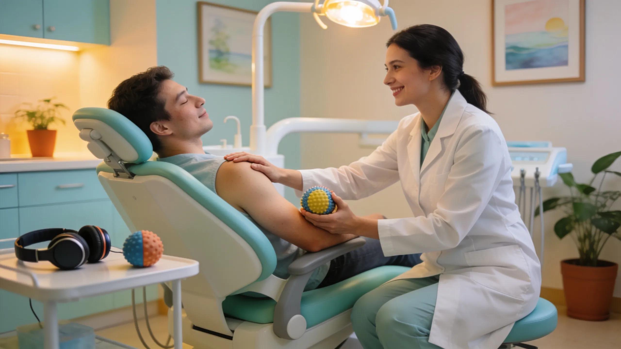 Comfortable dental treatment environment designed to alleviate patient anxiety with calming elements.