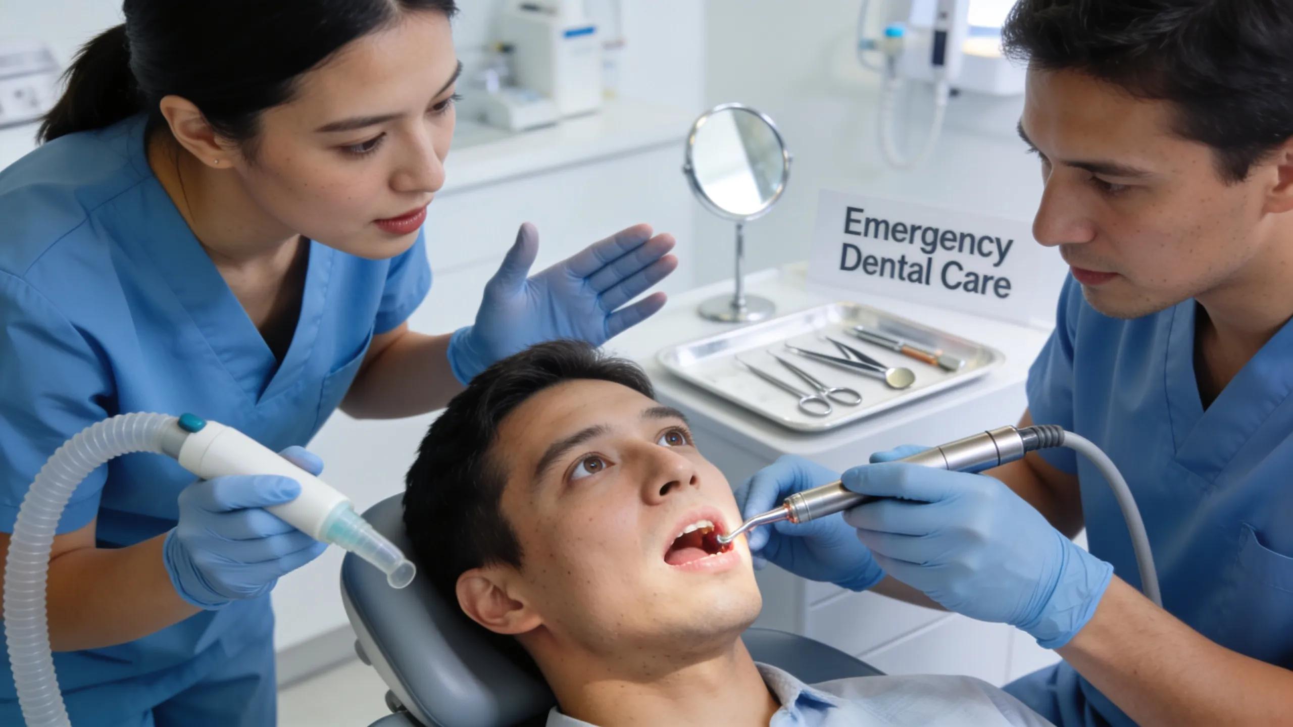 Dental assistant helping a dentist during an urgent procedure, demonstrating teamwork in emergency care