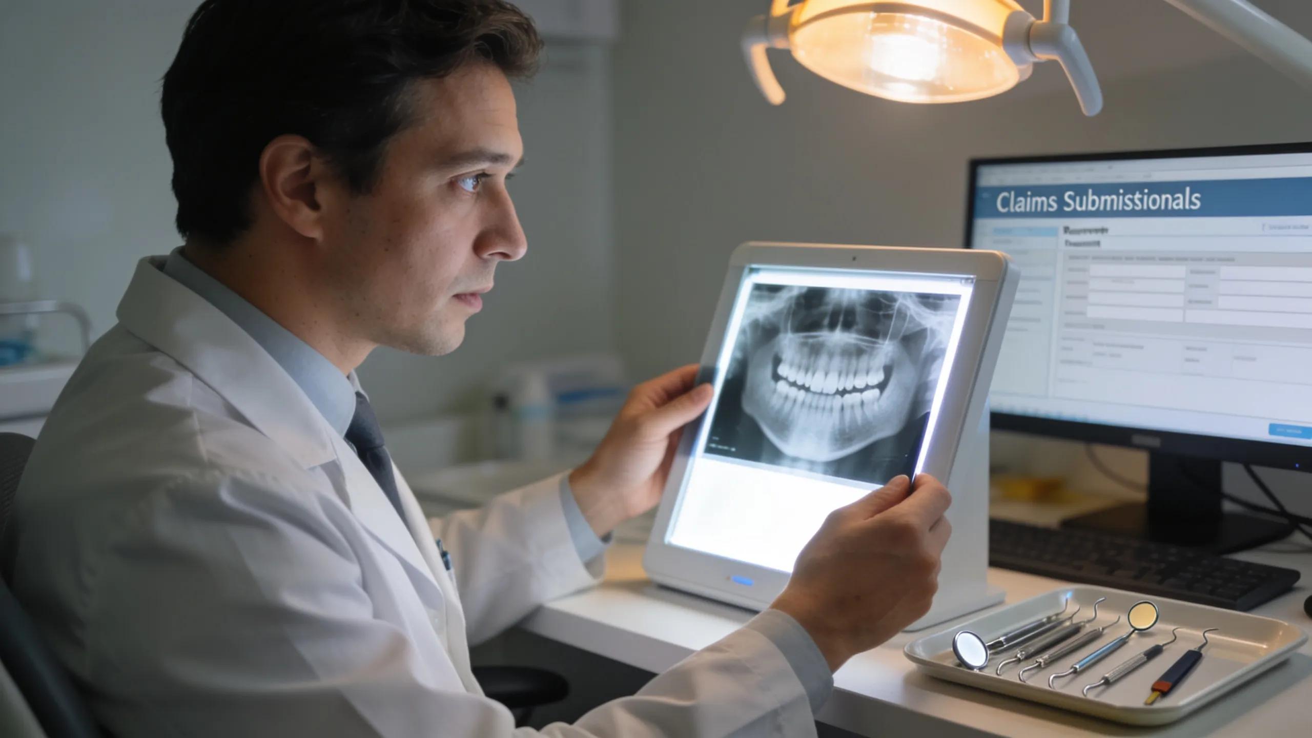 Dental professional analyzing x-rays, illustrating the claims submission process for root canal treatments
