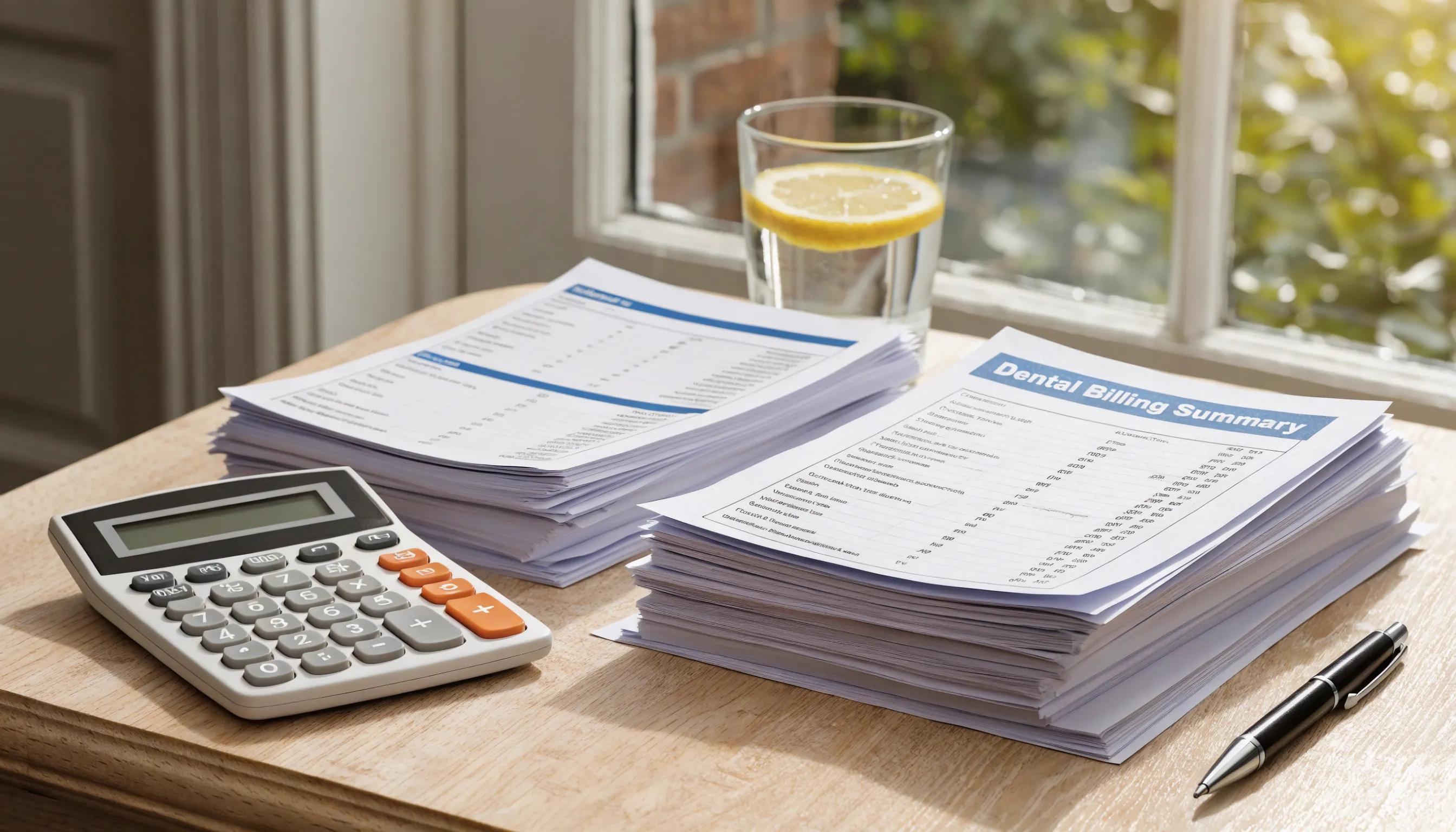 Dental billing documents and calculator representing endodontic treatment costs