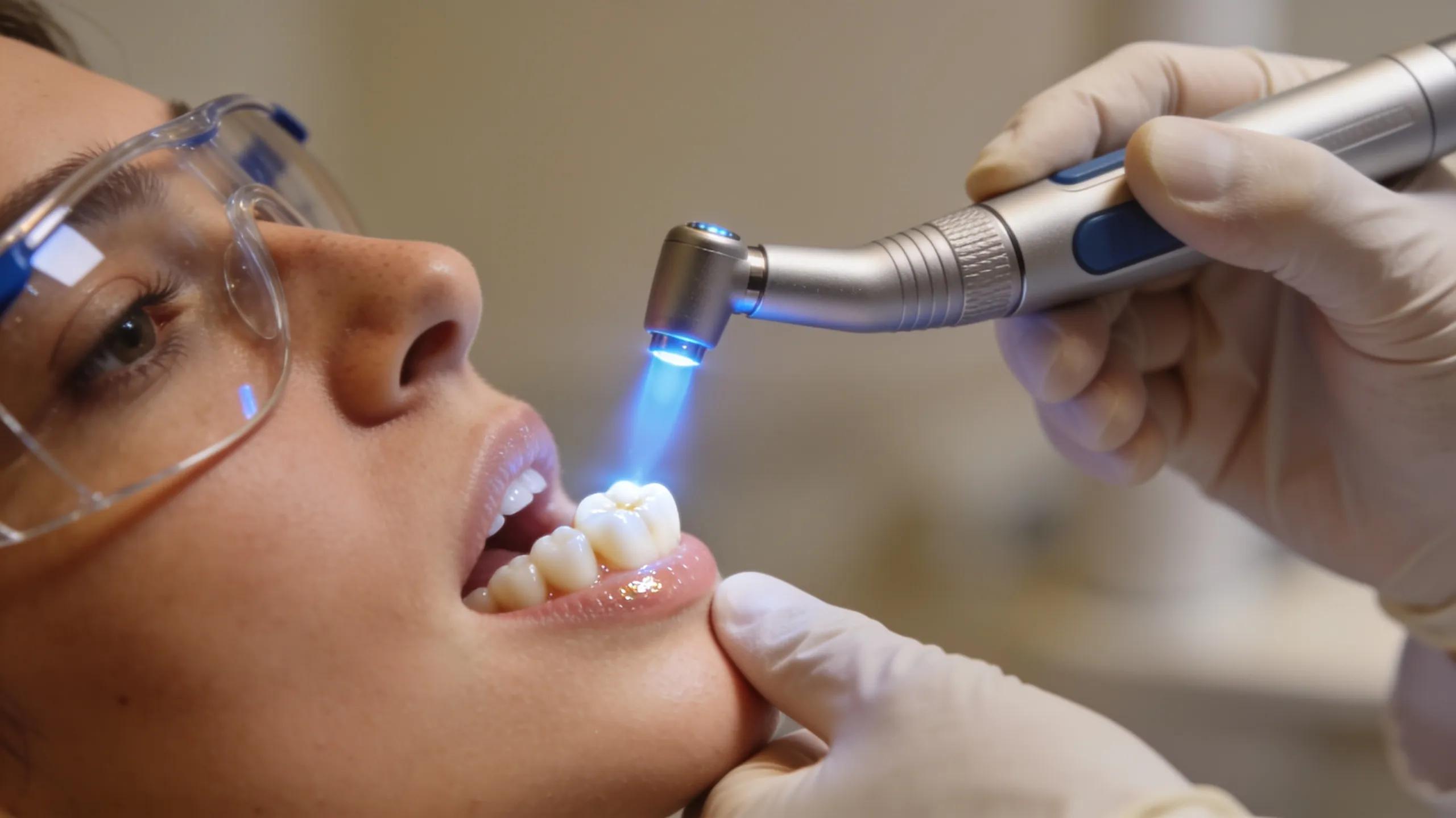 LED curing light in action during a dental procedure demonstrating efficiency and precision