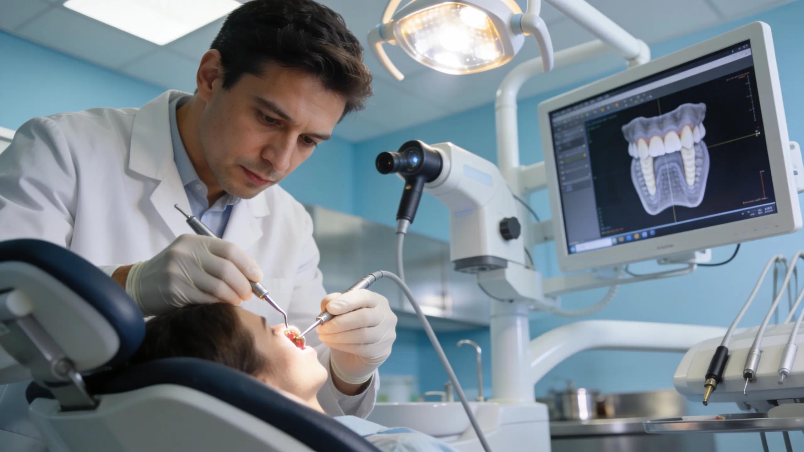 Dentist performing a root canal procedure with advanced technology, showcasing effective dental treatment options