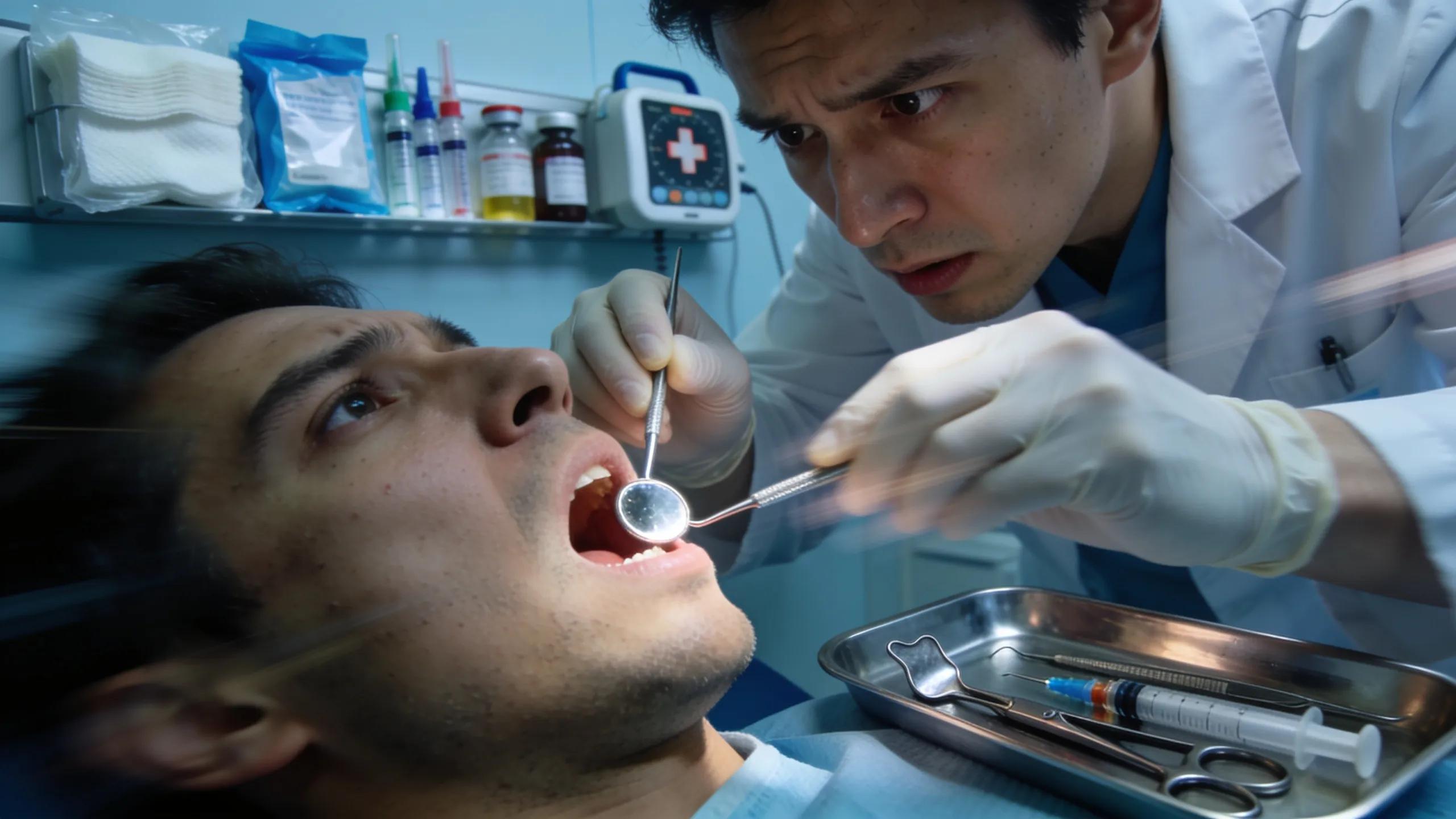 Dentist examining a patient in an emergency dental situation, illustrating urgent care and preparedness