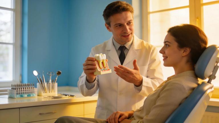 Patient consulting with dentist about root canal and crown treatments in a dental office
