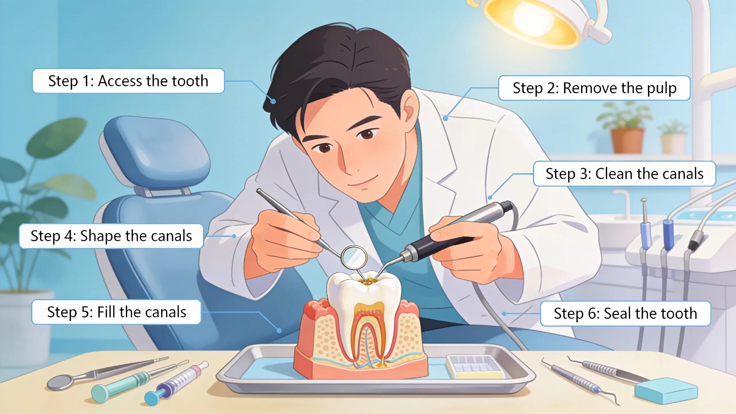 Visual representation of the essential steps in a root canal procedure with dental tools and a tooth model