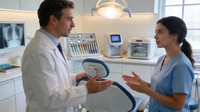 Dental office scene showing collaboration between dentist and endodontist in patient care