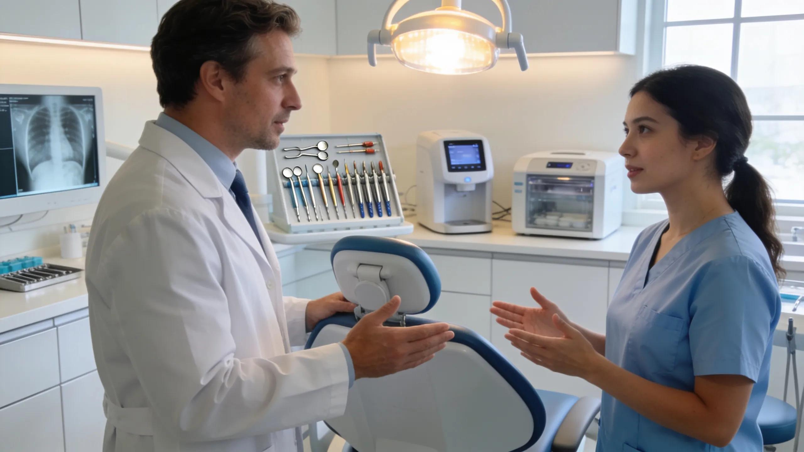 Dental office scene showing collaboration between dentist and endodontist in patient care