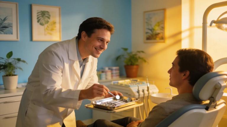 Dental office scene depicting a dentist engaging with a patient, emphasizing care and comfort.