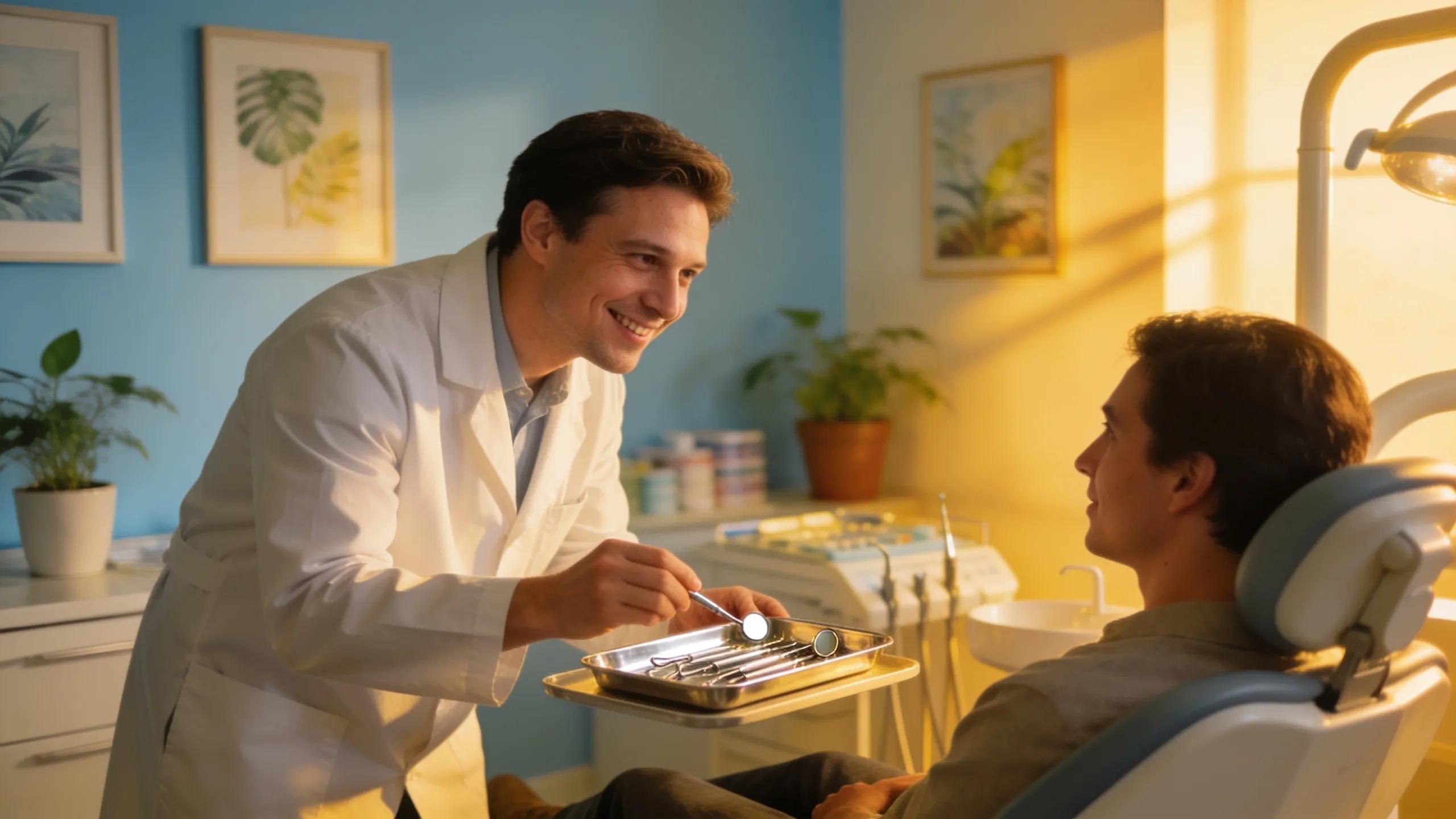 Dental office scene depicting a dentist engaging with a patient, emphasizing care and comfort.