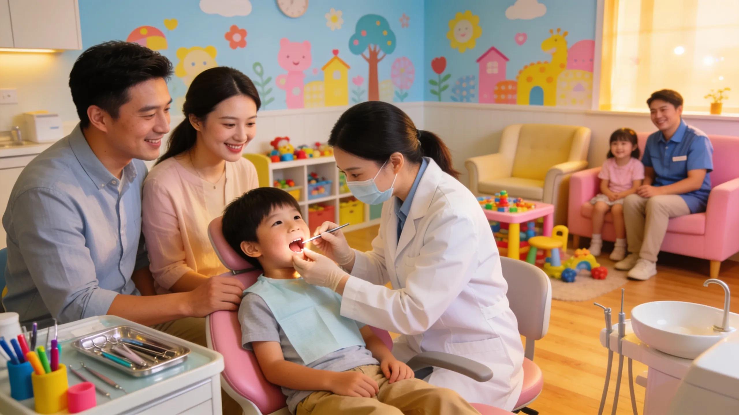 Happy family in a dental clinic emphasizing affordable dental care and comfort